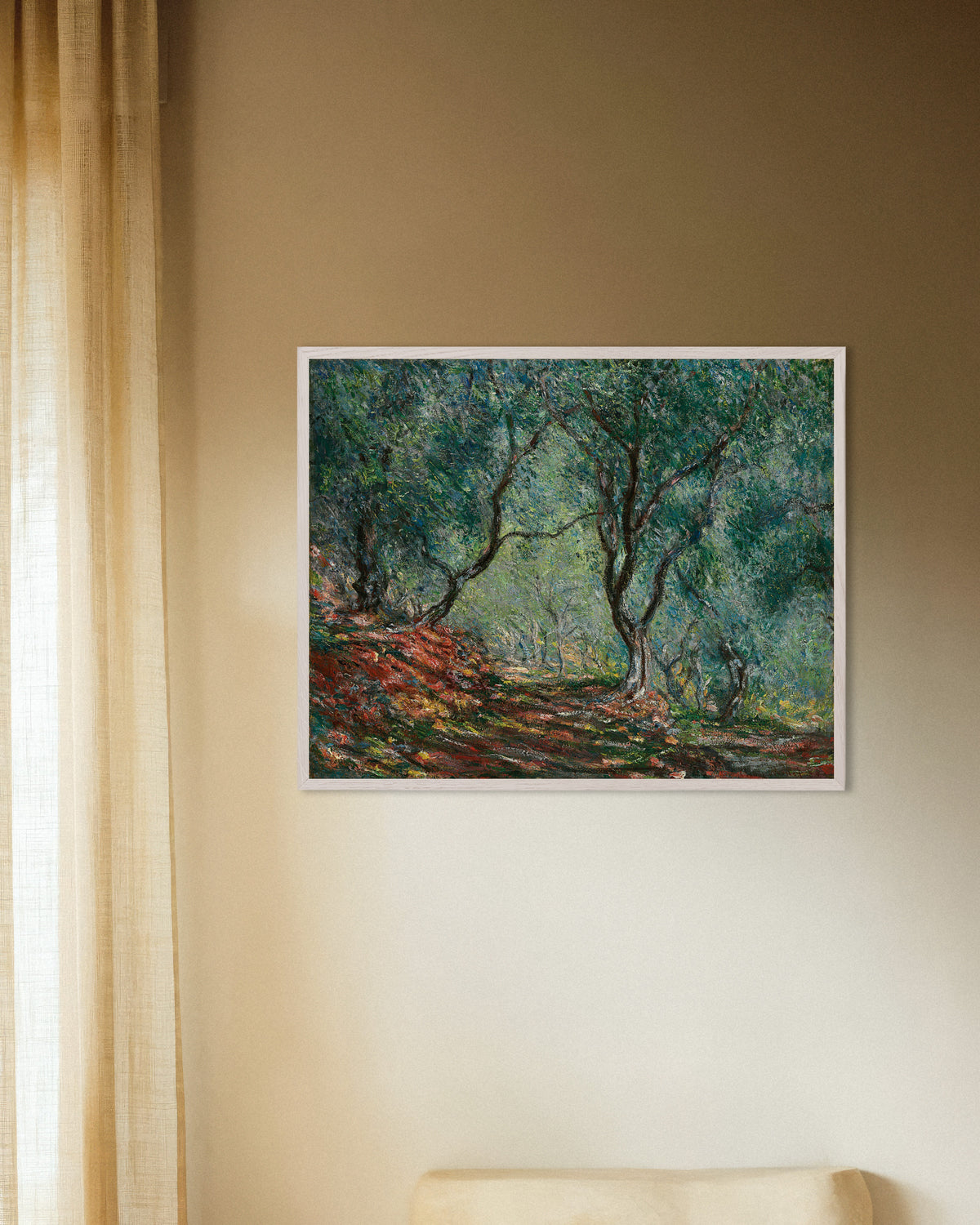 Poster Olivlund i Morenos trädgård (1884) av Claude Monet med vit träram