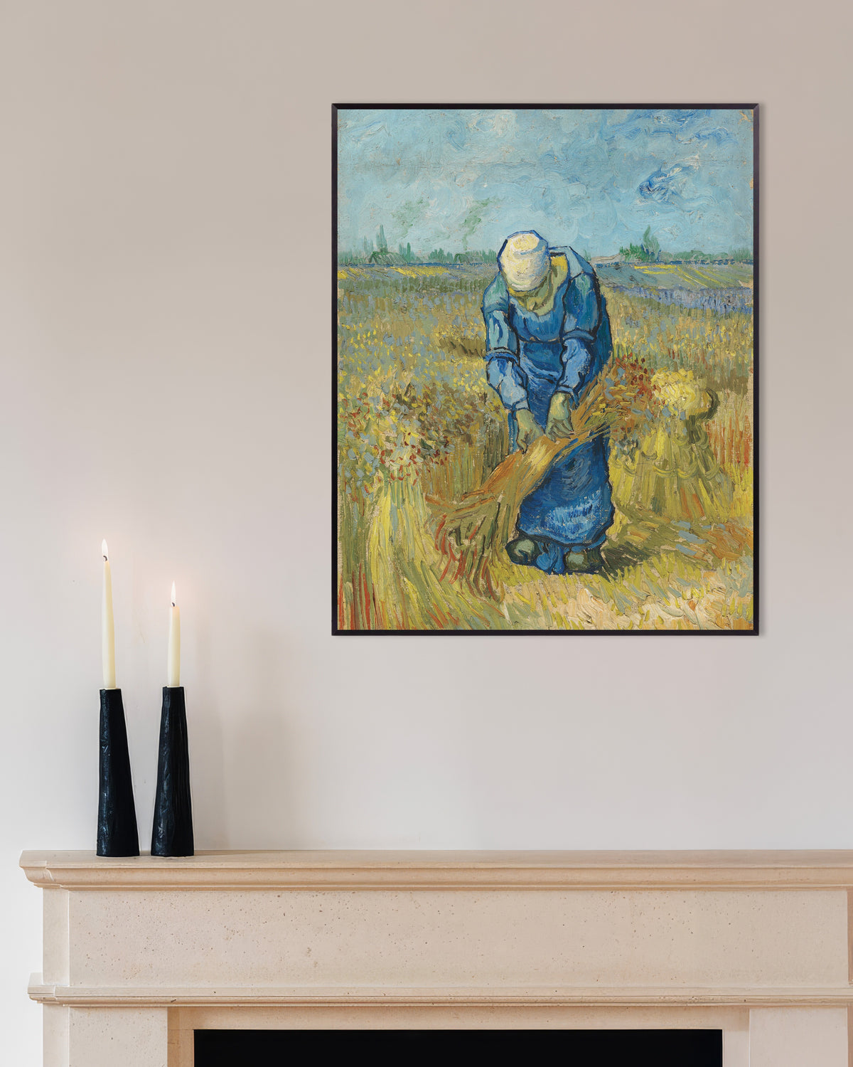 Poster med Bondkvinna som binder kärvar, efter Millet (1889) av Vincent van Gogh, med metallram