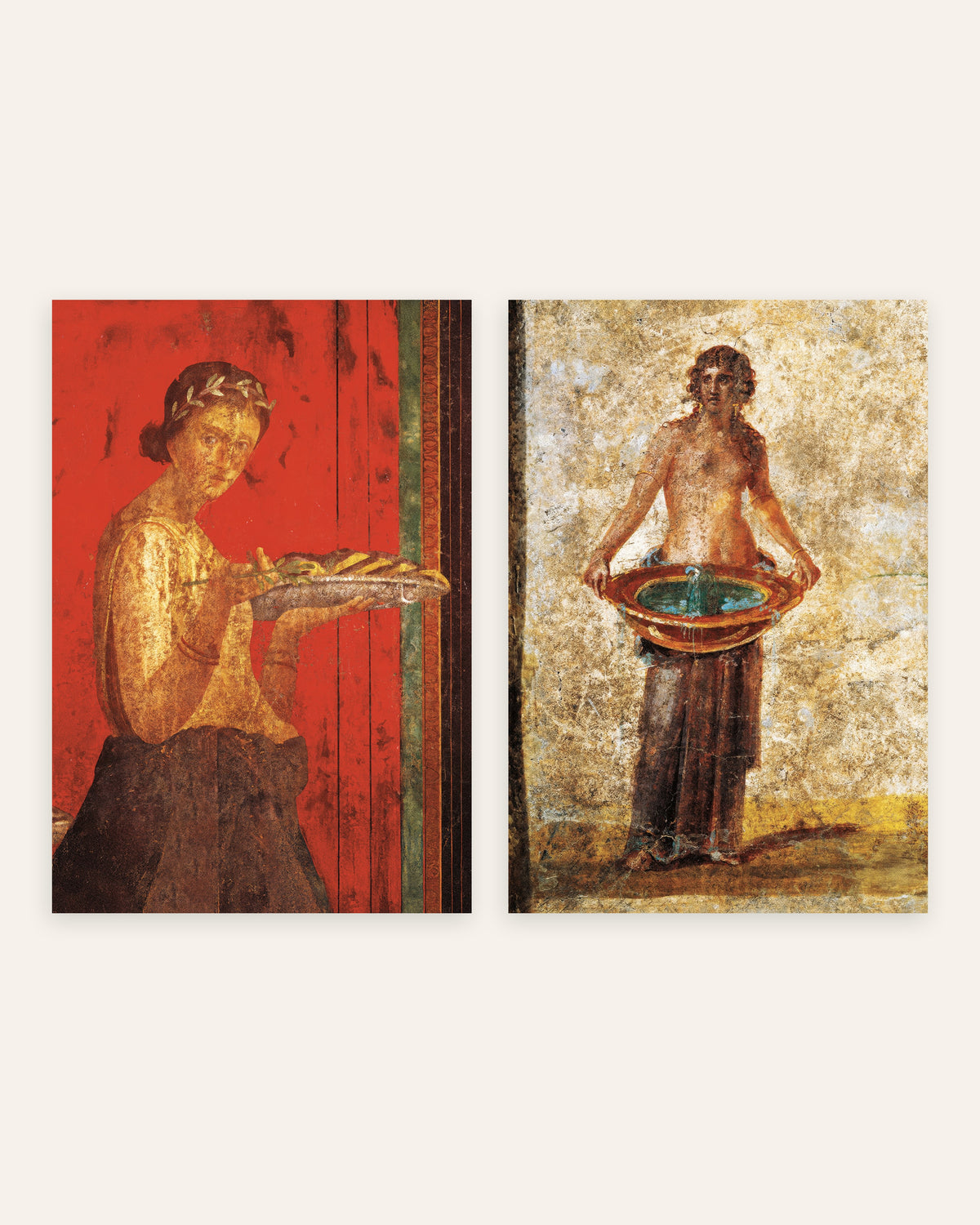 Freskoposters från Pompeji, set med 2: lagerkrans och vattenfat, utan ram