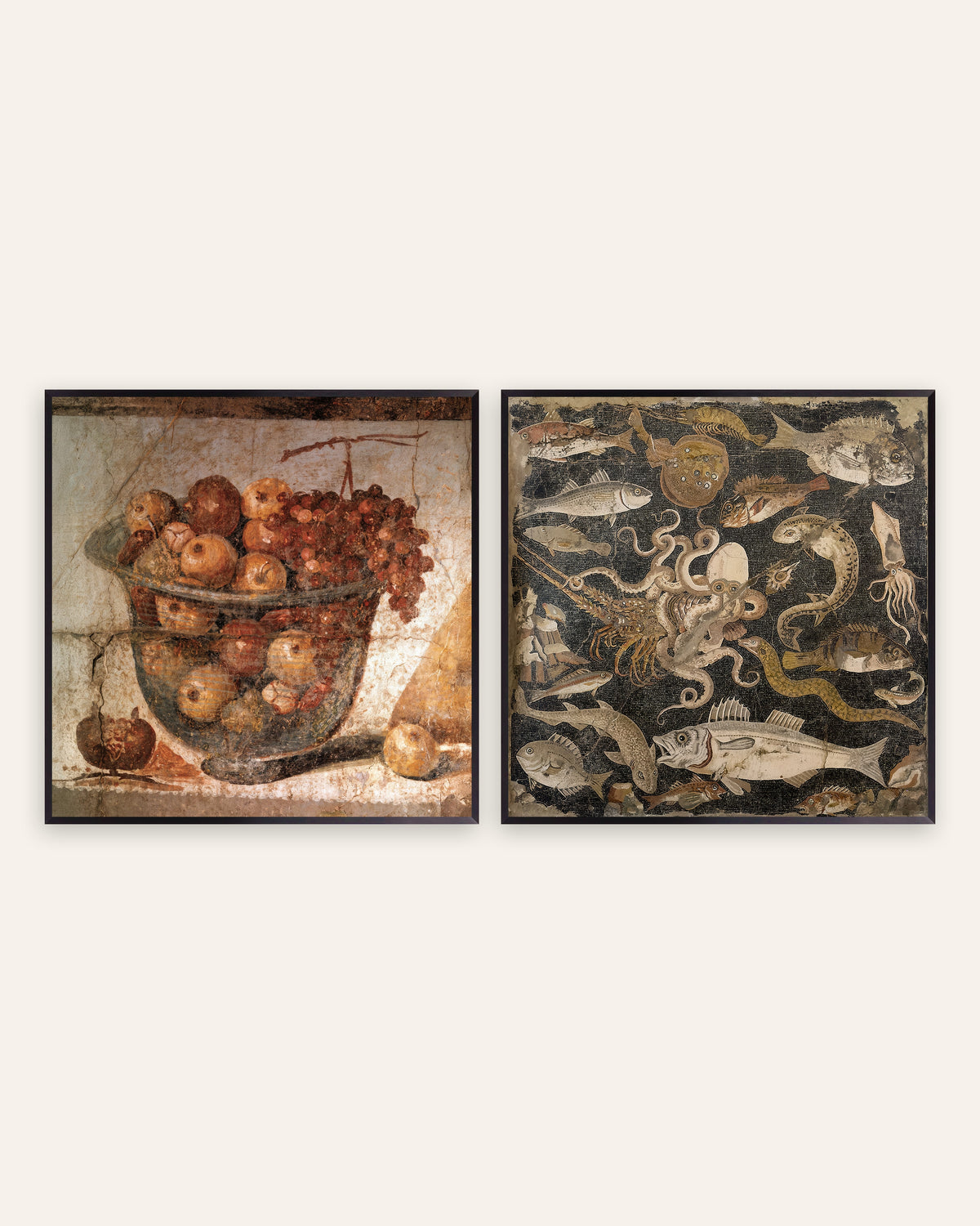 Köksposters från Pompeji, set med 2: fruktskål och fiskmosaik, i svarta metallramar