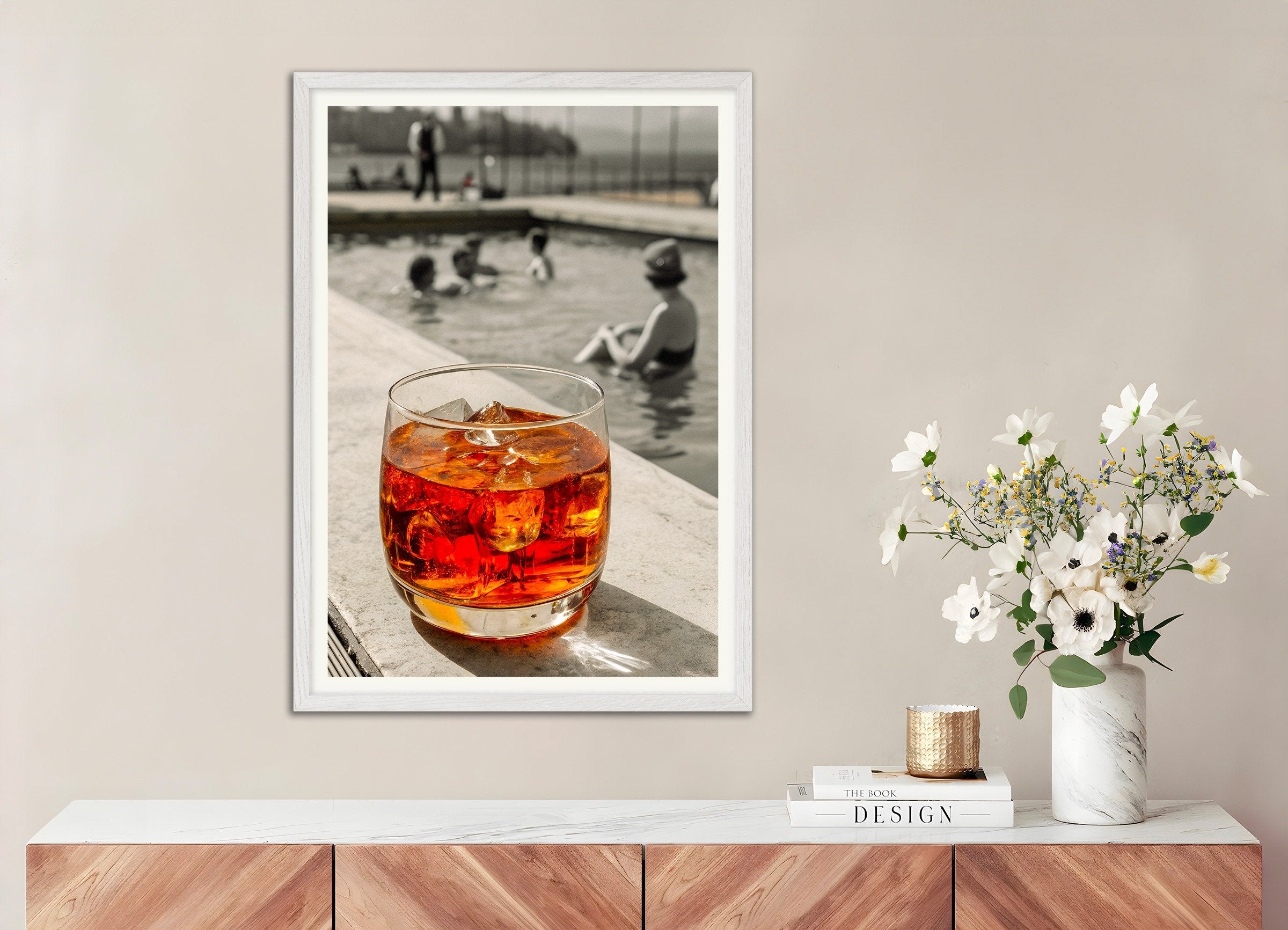 Poster of Poolside Cocktail Poster, with white wooden frame