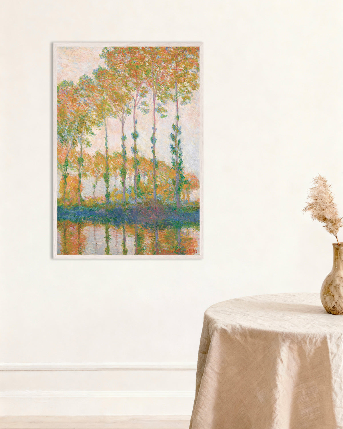 Poster Popplar vid Eptes strand, höst (1891) av Claude Monet med vit träram