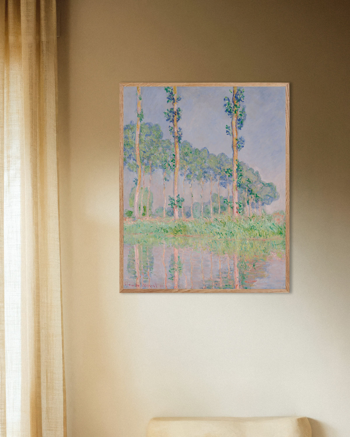 Poster Popplar, rosa effekt (1891) av Claude Monet med ram i naturträ