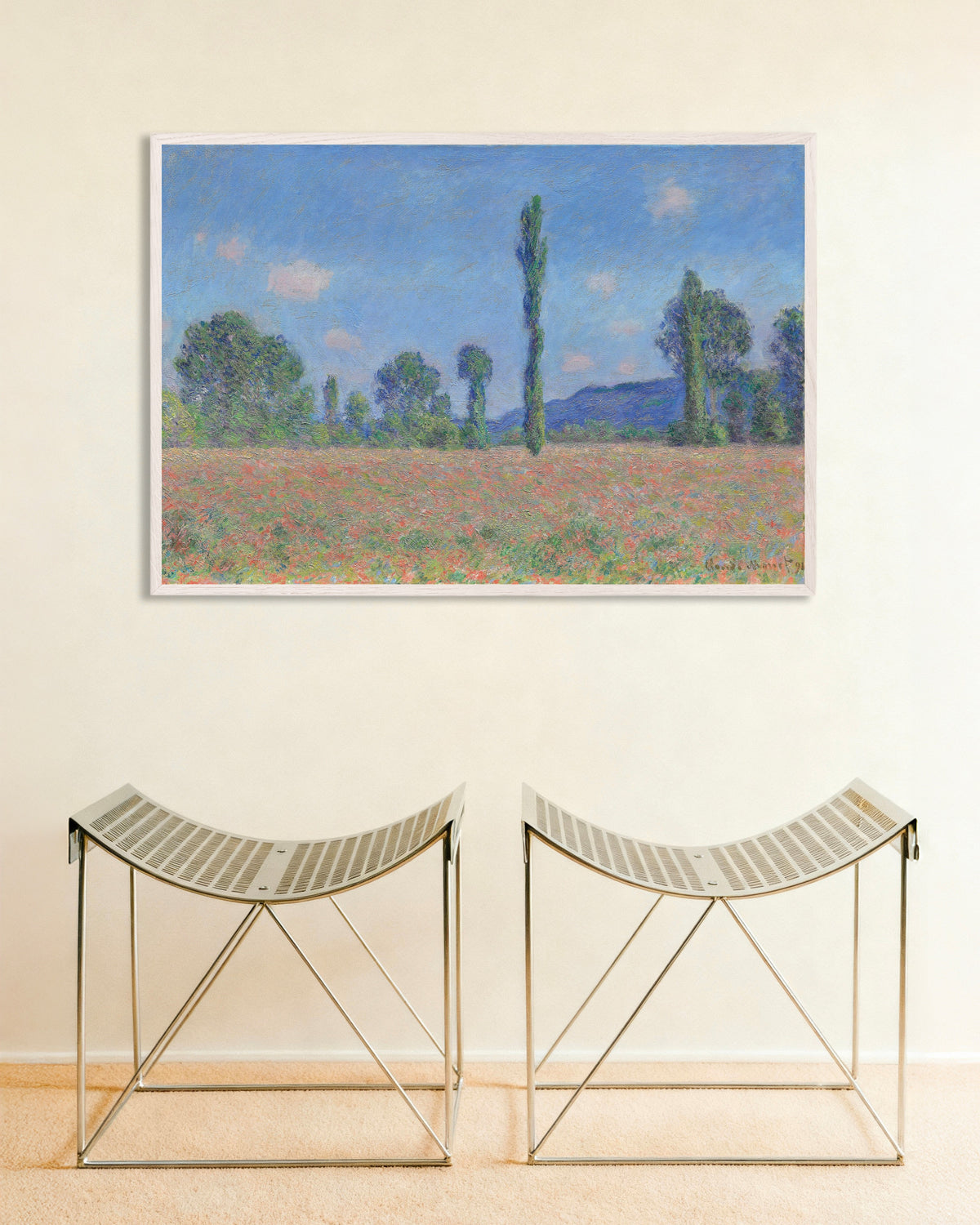 Poster Vallmofält, Giverny (1890) av Claude Monet med vit träram