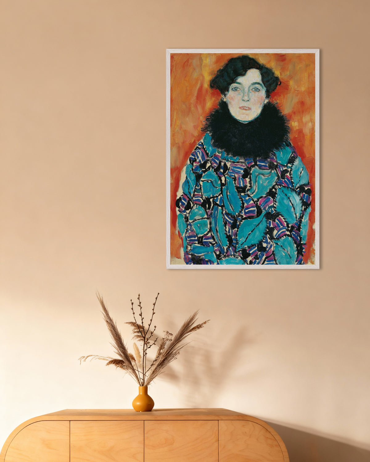 Poster Porträtt av Johanna Staude (1917) av Gustav Klimt med vit träram