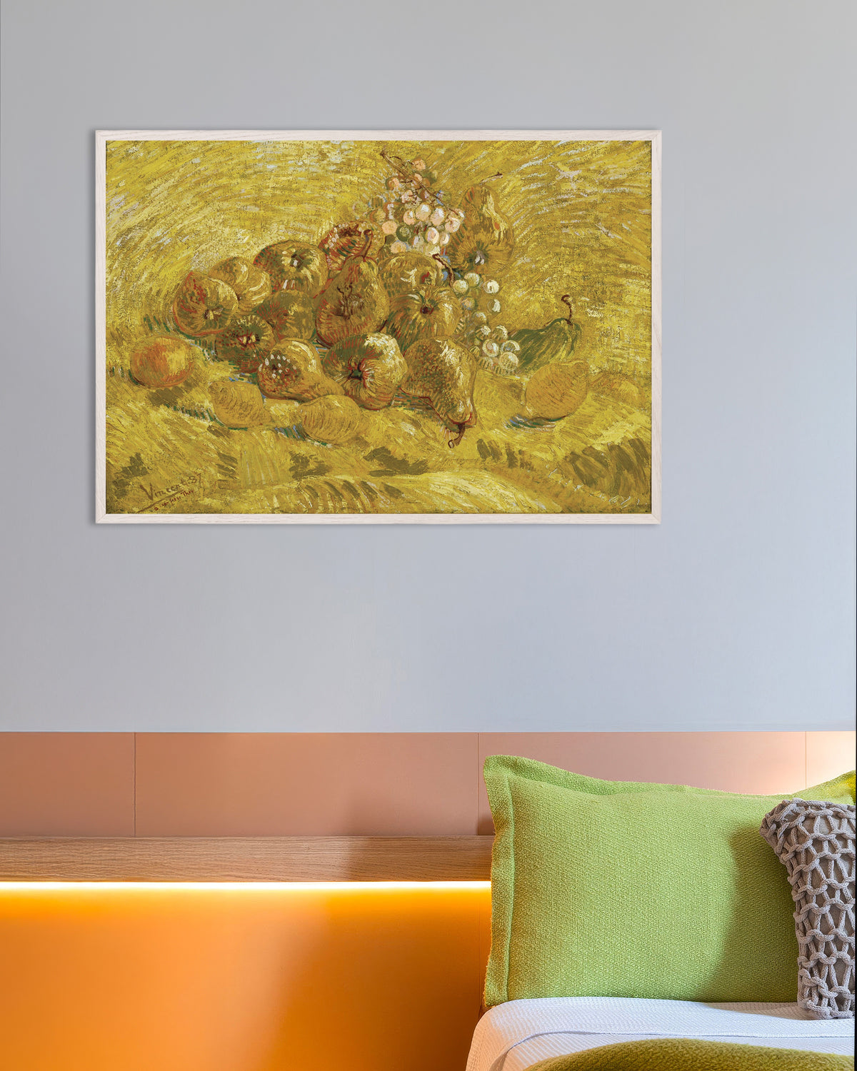 Poster med Kvitten, citroner, päron och vindruvor (1887) av Vincent van Gogh, med vit träram