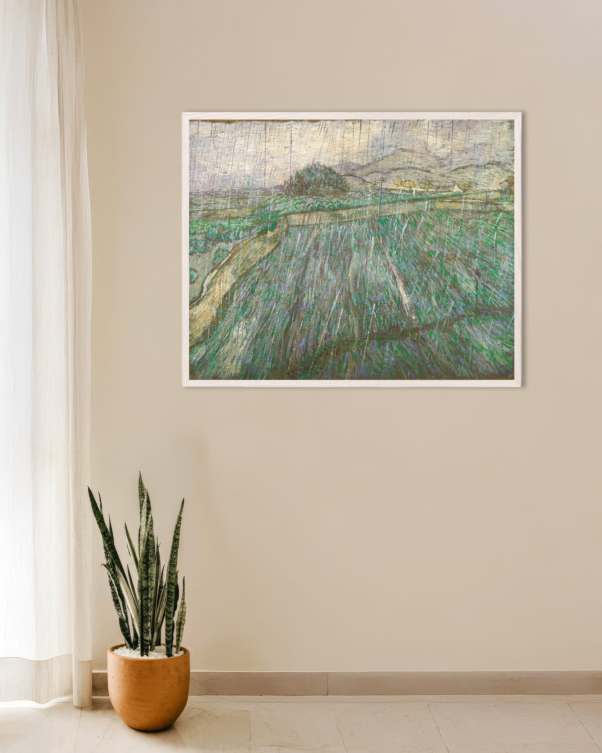Poster av Regn (1889) av Vincent van Gogh, med vit träram