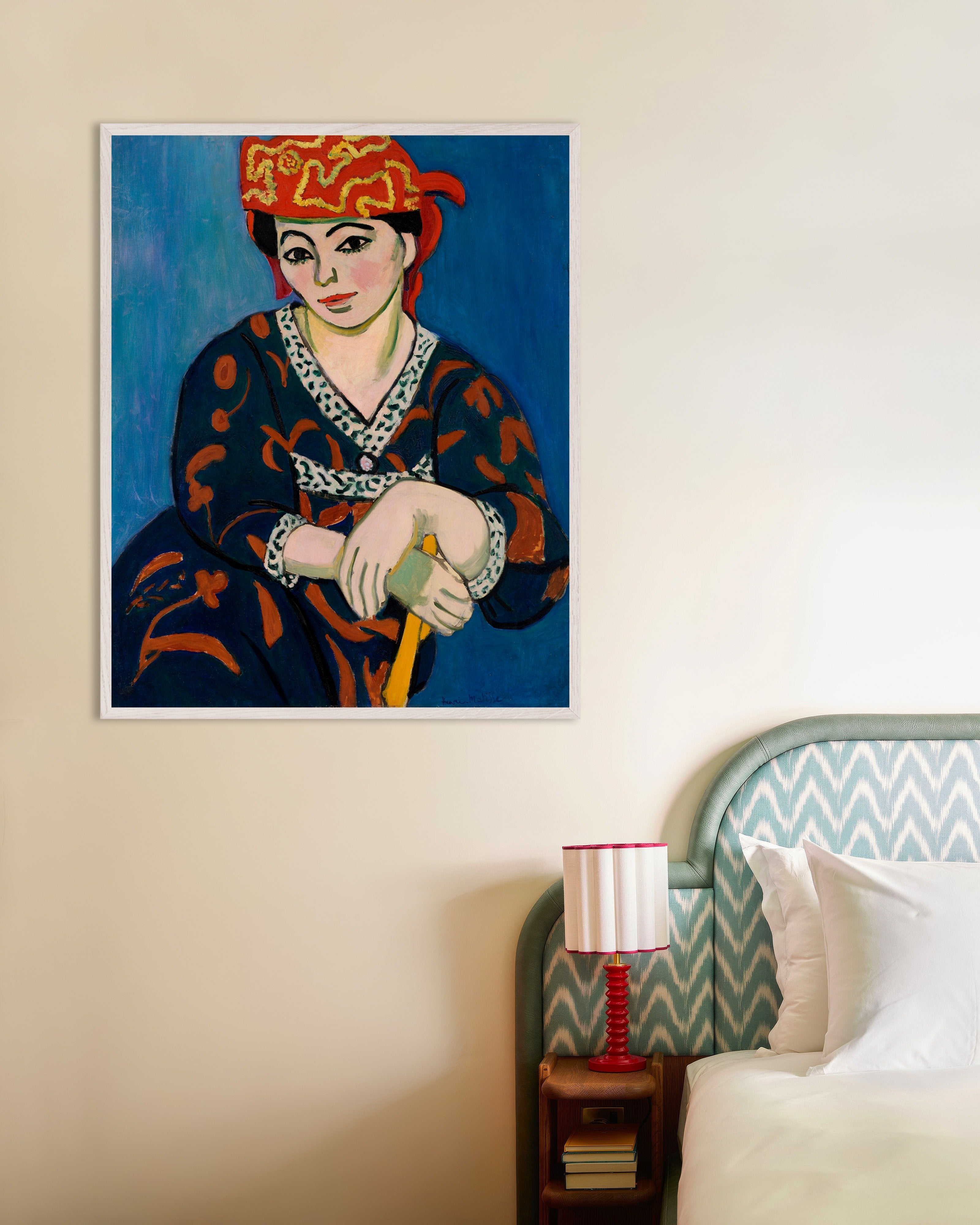 Poster of Red madras headdress (1907) by Henri Matisse, with white wooden frame