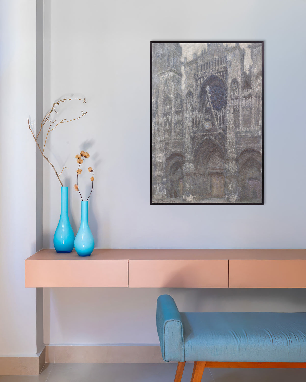 Poster Katedralen i Rouen, portalen i grått väder (1892) av Claude Monet med metallram