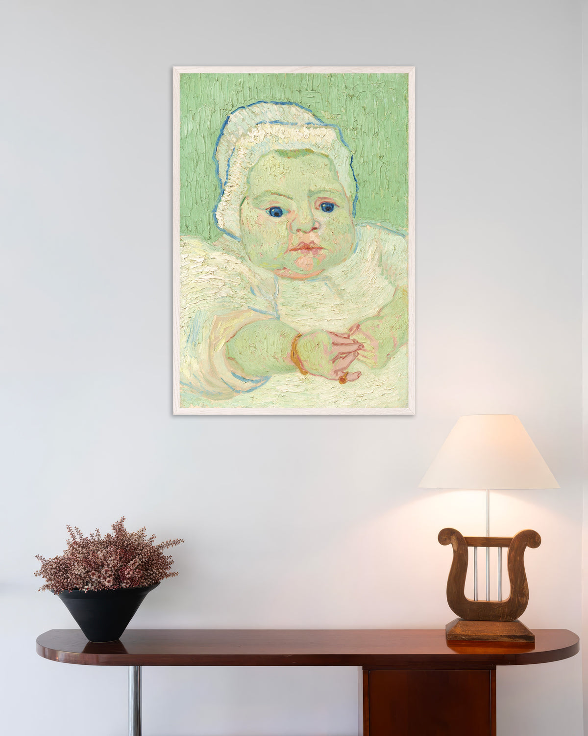 Poster med Roulins baby (1888) av Vincent van Gogh, med vit träram