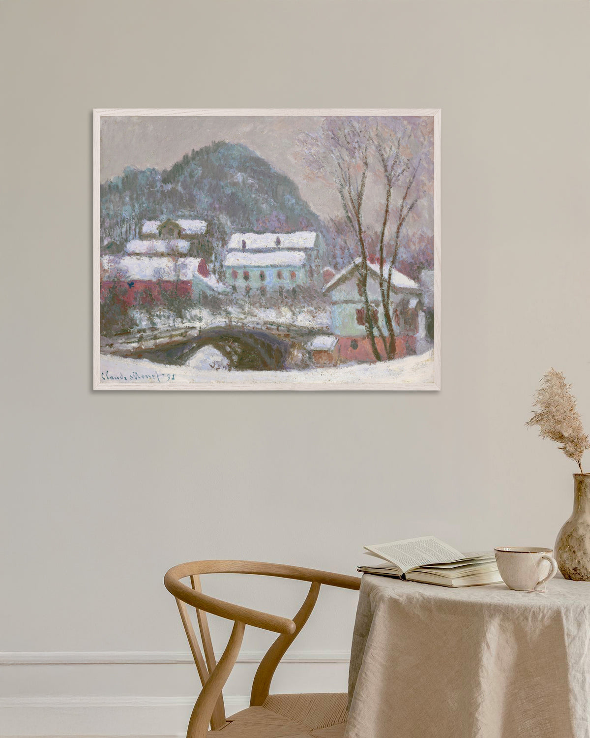 Poster Sandvika, Norge, snöeffekt (1895) av Claude Monet med vit träram