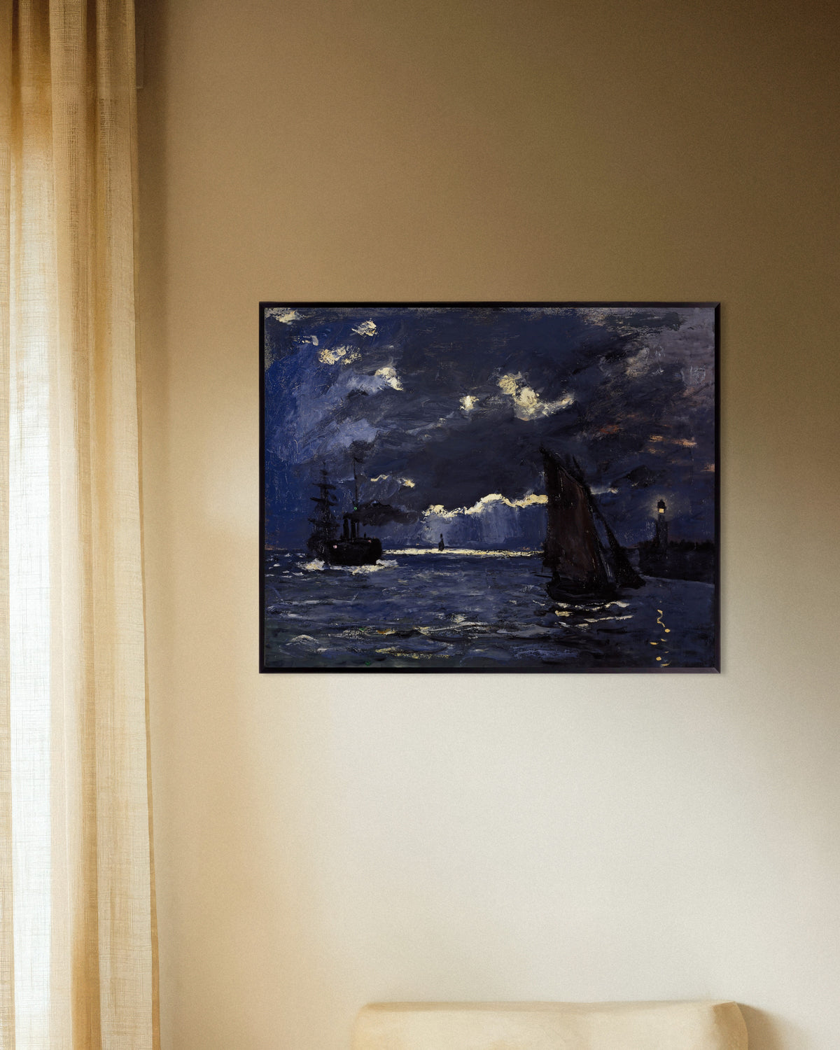 Poster Marin, fartyg i månsken (1864) av Claude Monet med metallram