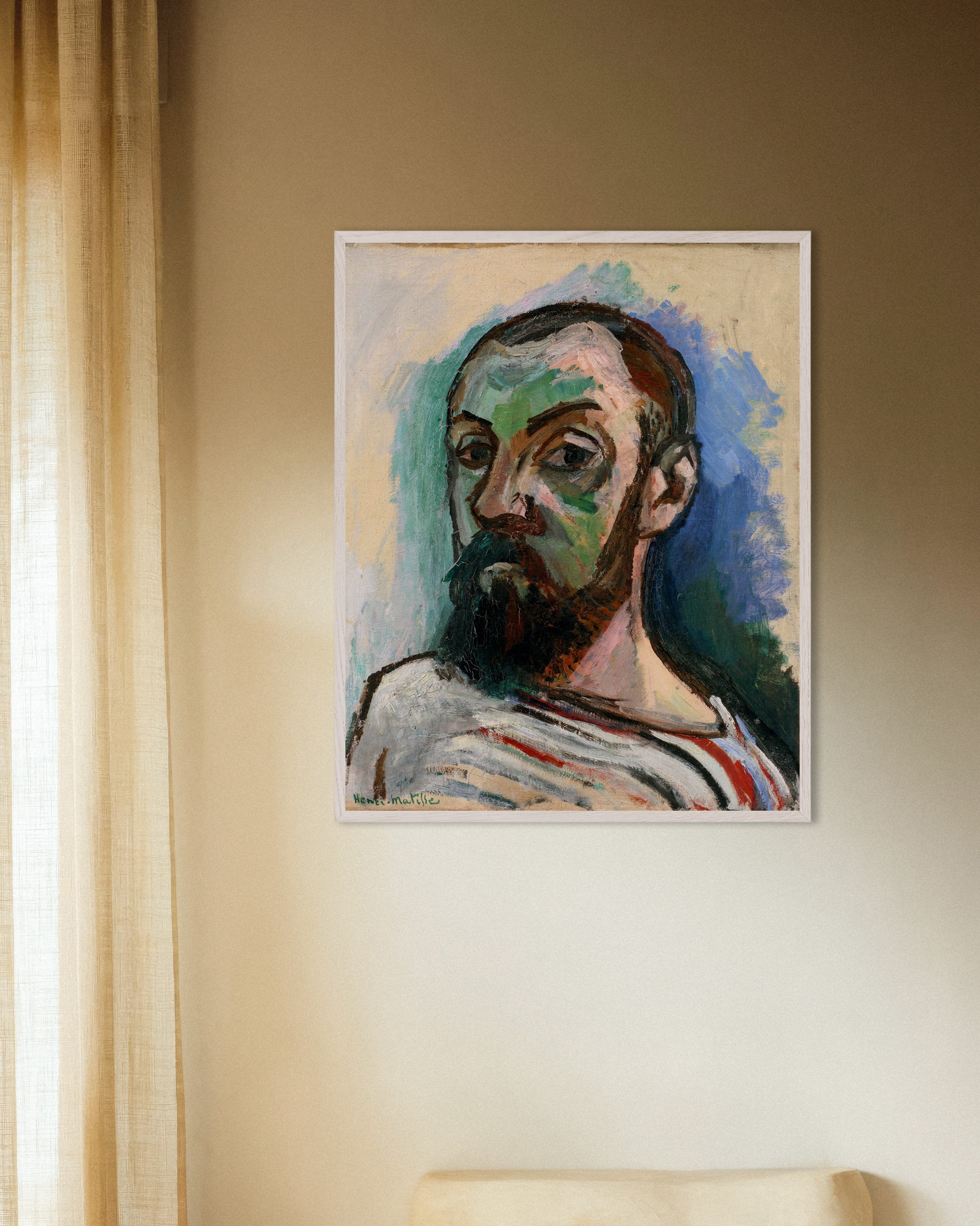 Poster of Self-portrait in a striped t-shirt (1906) by Henri Matisse, with white wooden frame