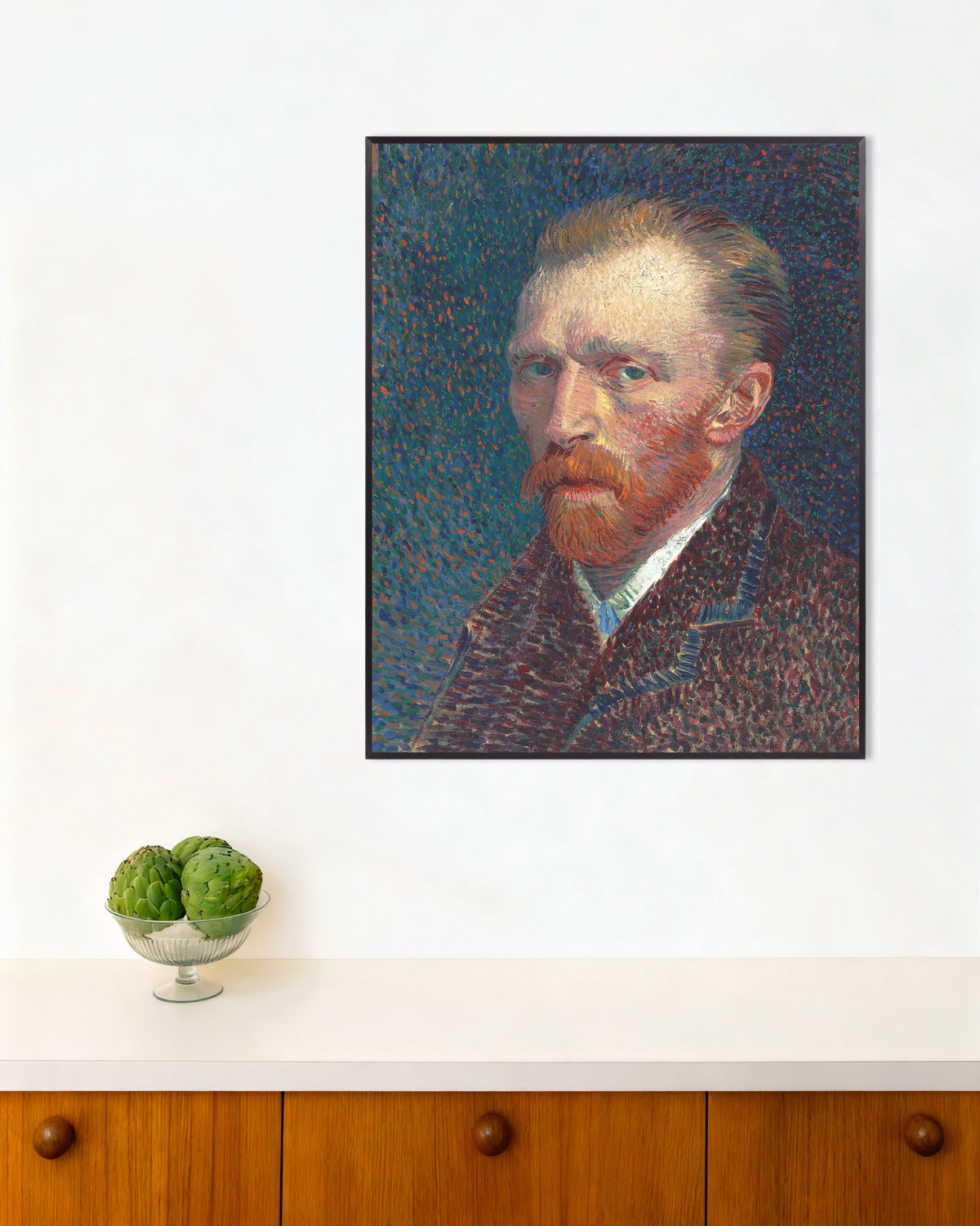 Poster av Självporträtt mot blå prickig bakgrund (1887) av Vincent van Gogh, med metallram