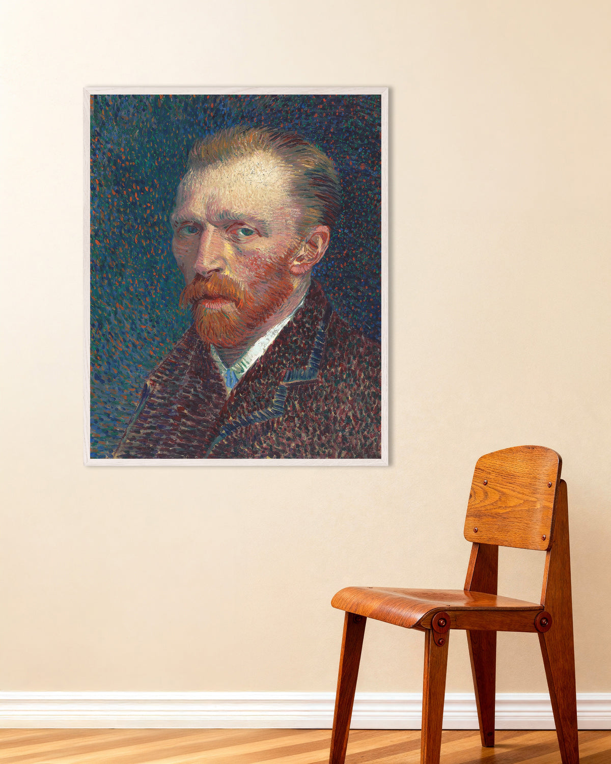 Poster av Självporträtt mot blå prickig bakgrund (1887) av Vincent van Gogh, med vit träram