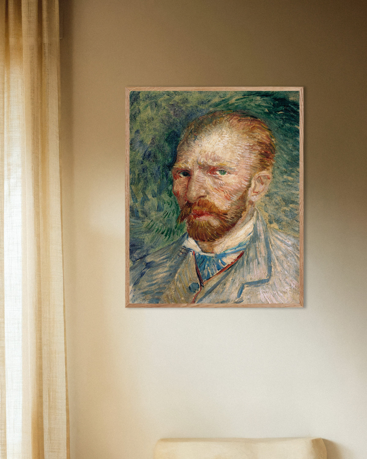 Poster med Självporträtt mot grön bakgrund (1886) av Vincent van Gogh, med ram i naturträ