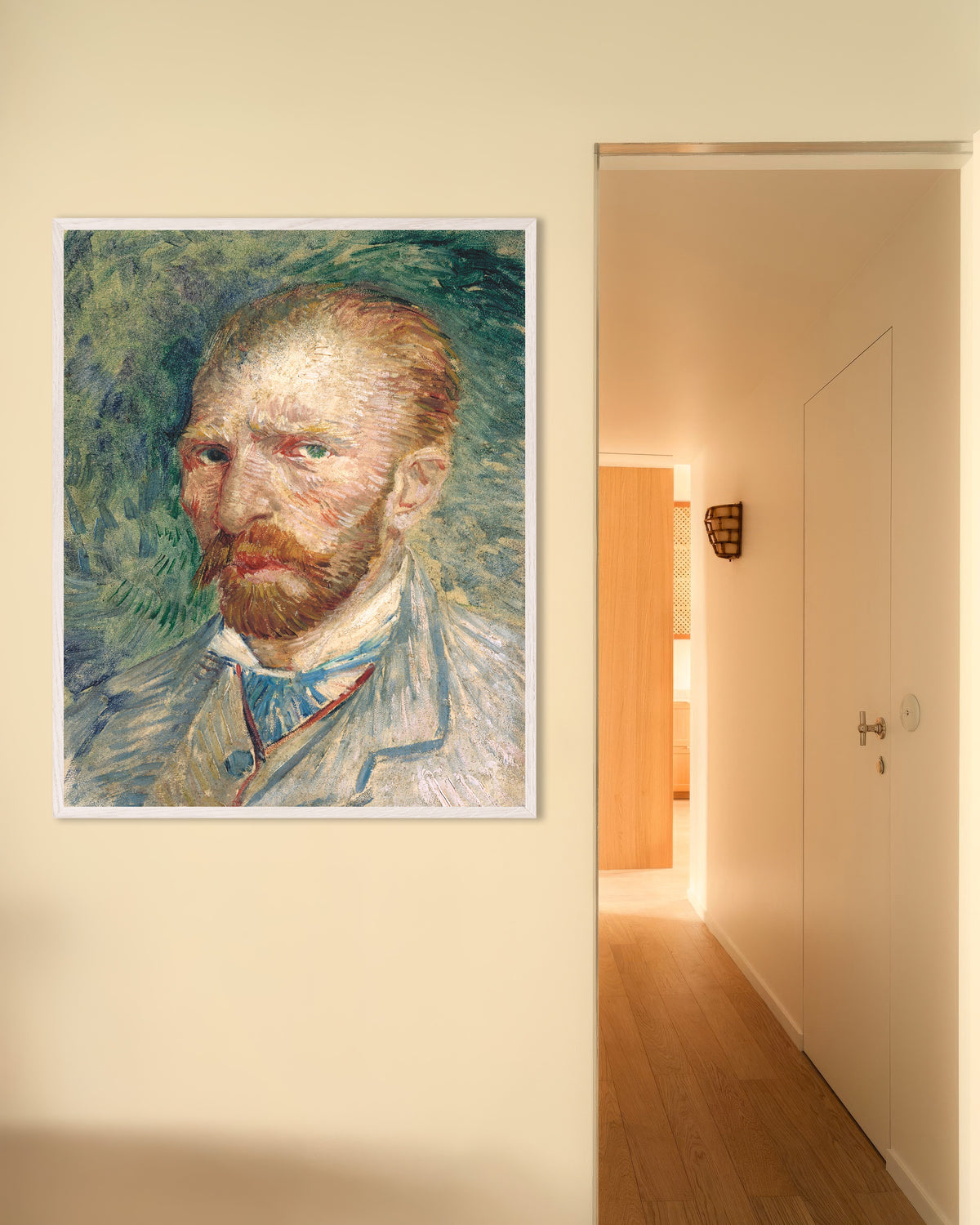 Poster med Självporträtt mot grön bakgrund (1886) av Vincent van Gogh, med vit träram
