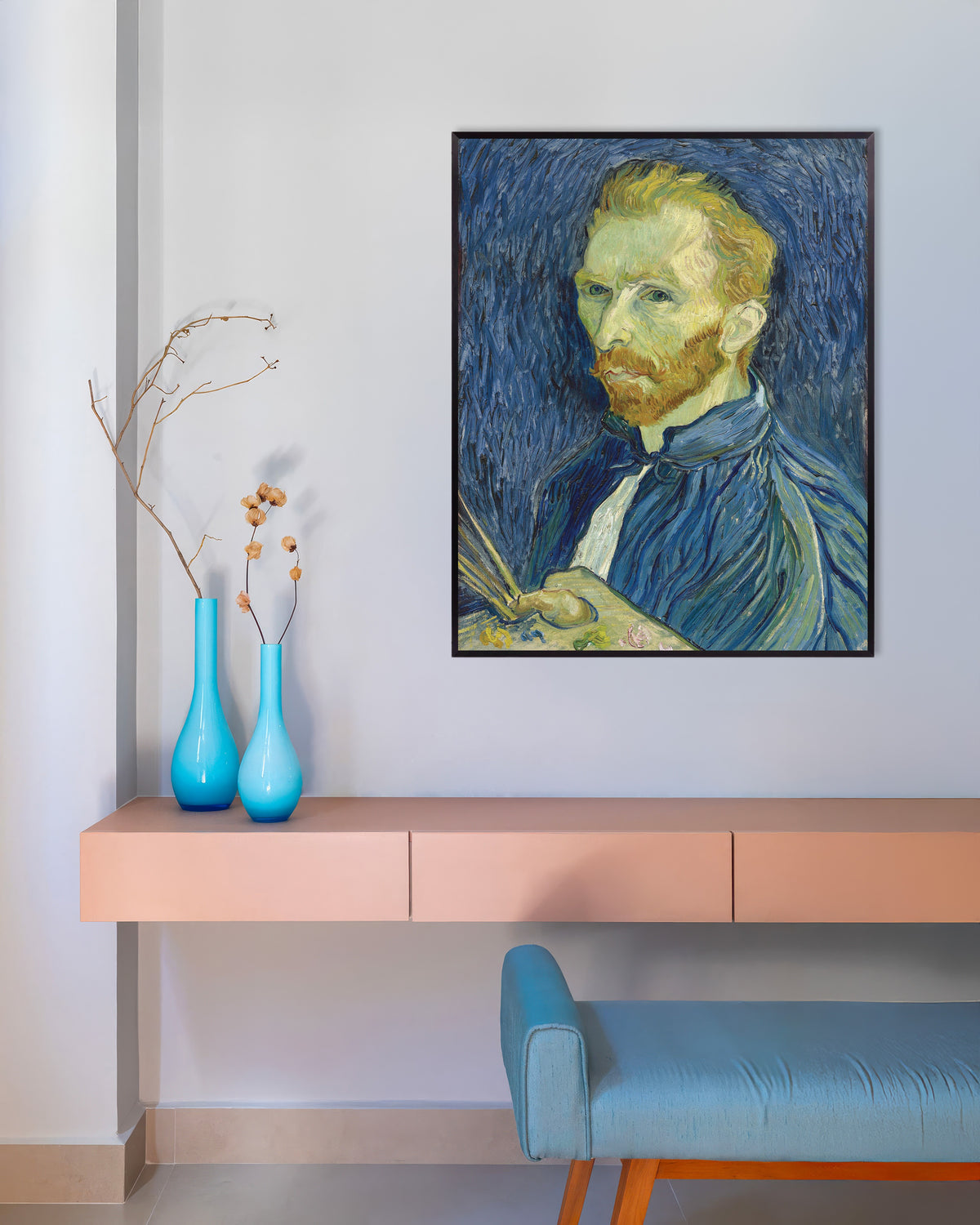 Poster med Självporträtt med palett (1889) av Vincent van Gogh, med metallram