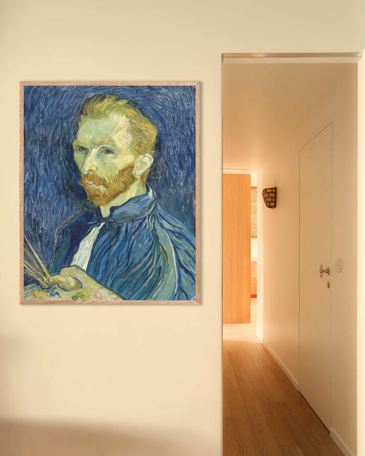 Poster med Självporträtt med palett (1889) av Vincent van Gogh, med ram i naturträ