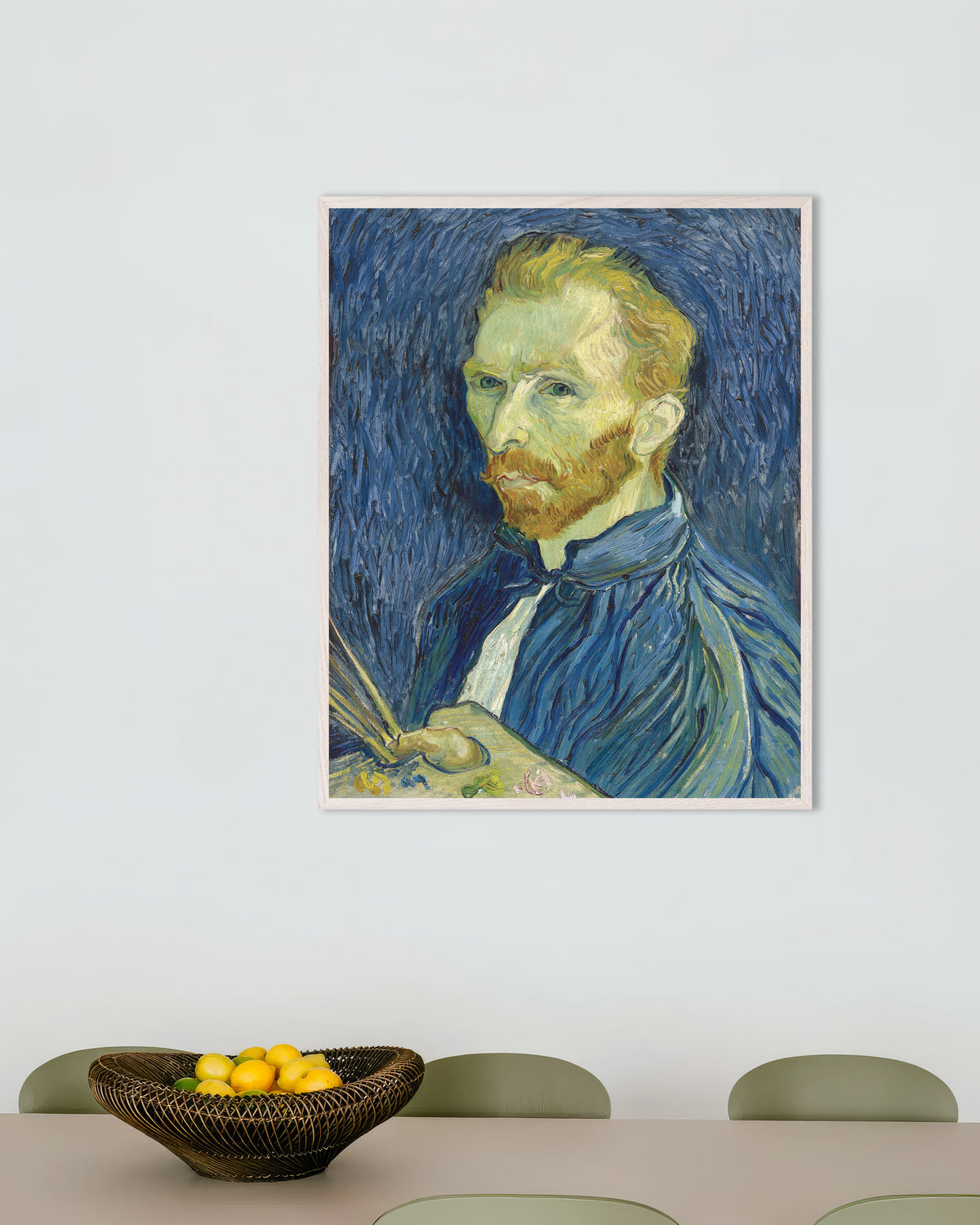 Poster med Självporträtt med palett (1889) av Vincent van Gogh, med vit träram