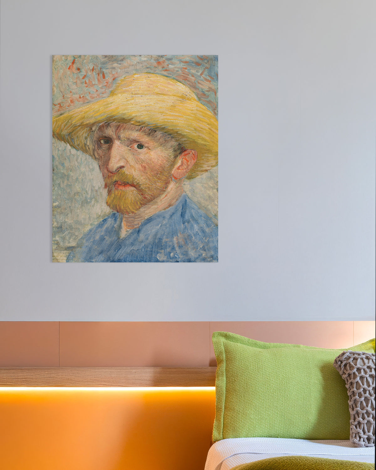 Poster med Självporträtt med stråhatt och blå blus (1887) av Vincent van Gogh