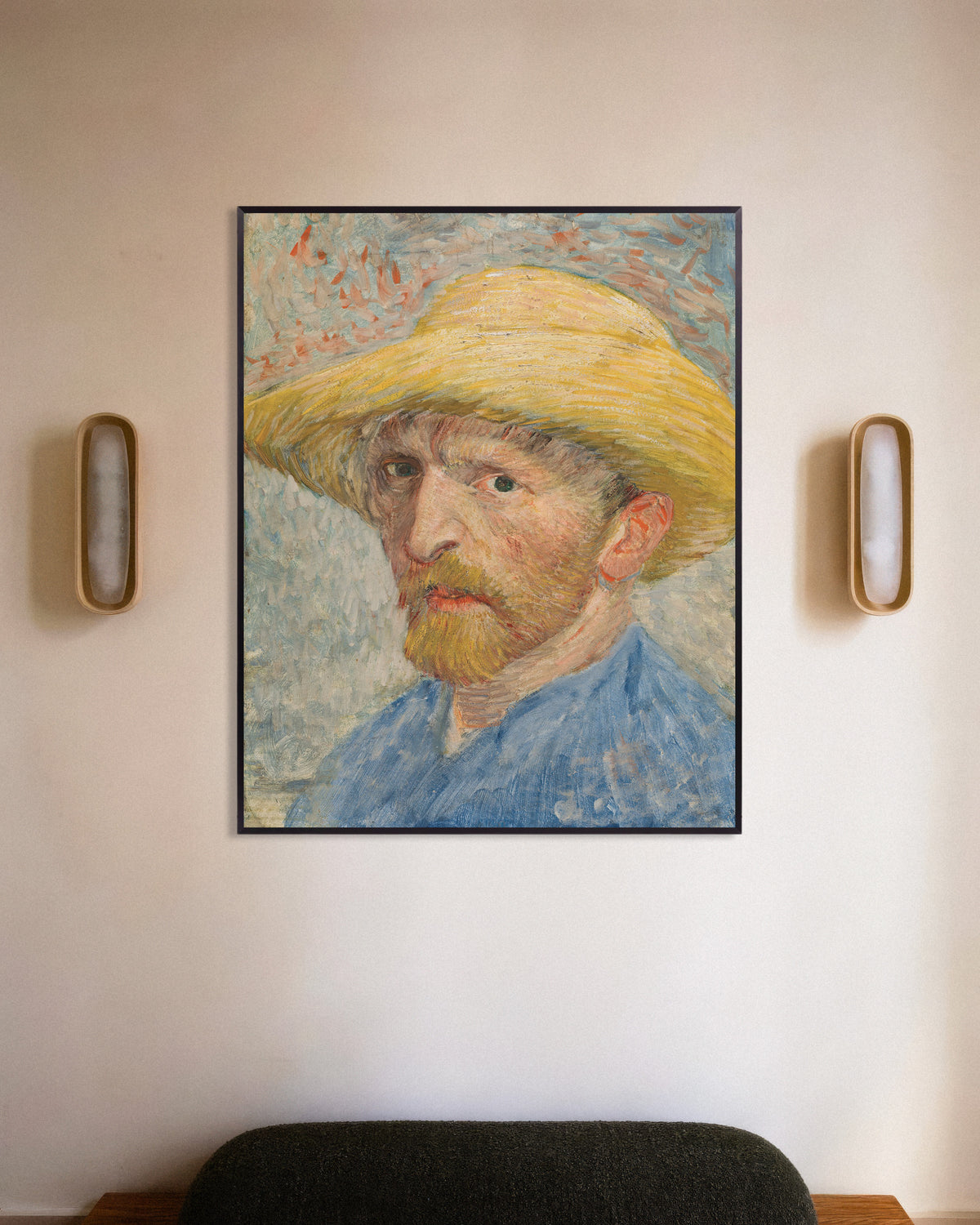 Poster med Självporträtt med stråhatt och blå blus (1887) av Vincent van Gogh, med metallram