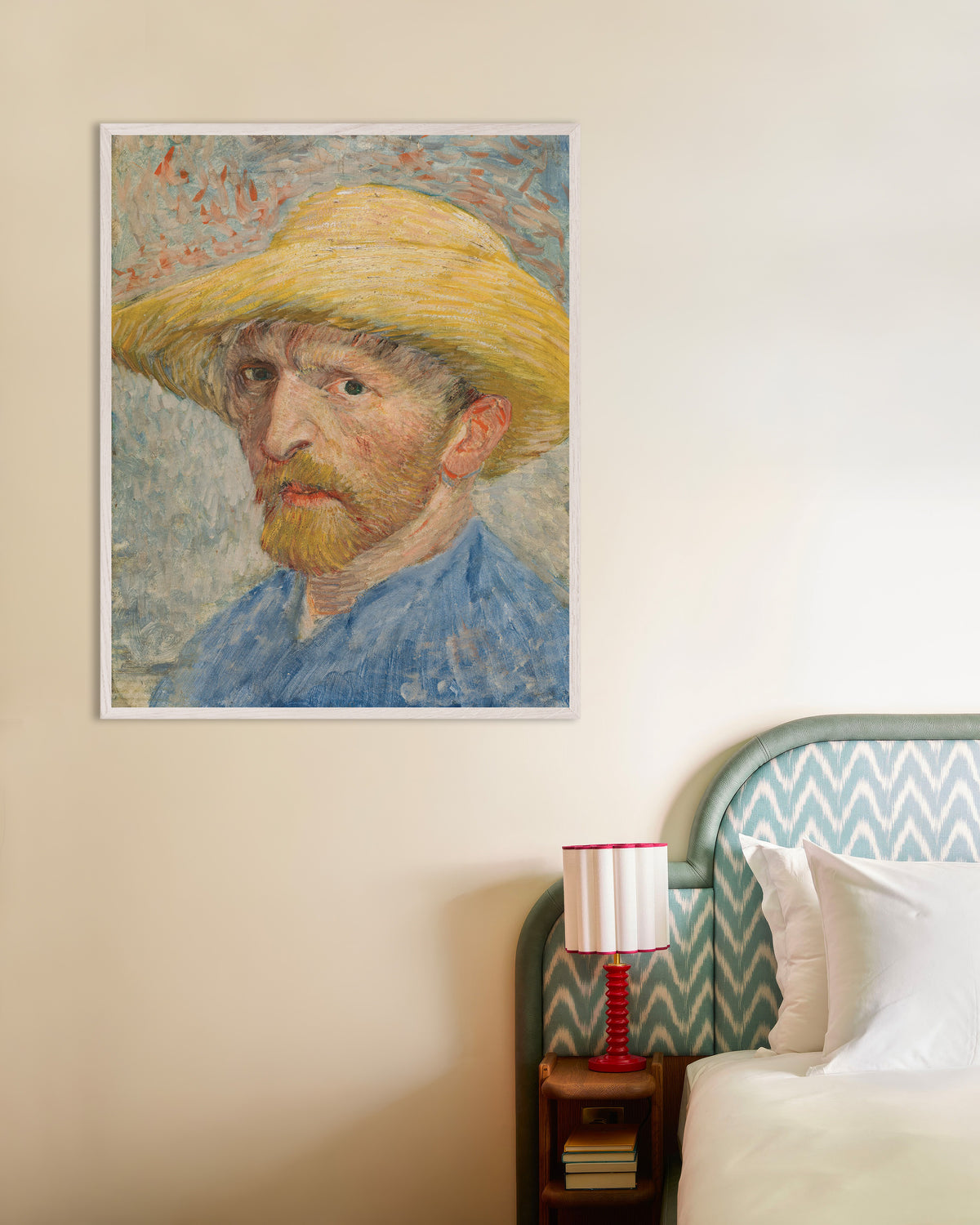 Poster med Självporträtt med stråhatt och blå blus (1887) av Vincent van Gogh, med vit träram