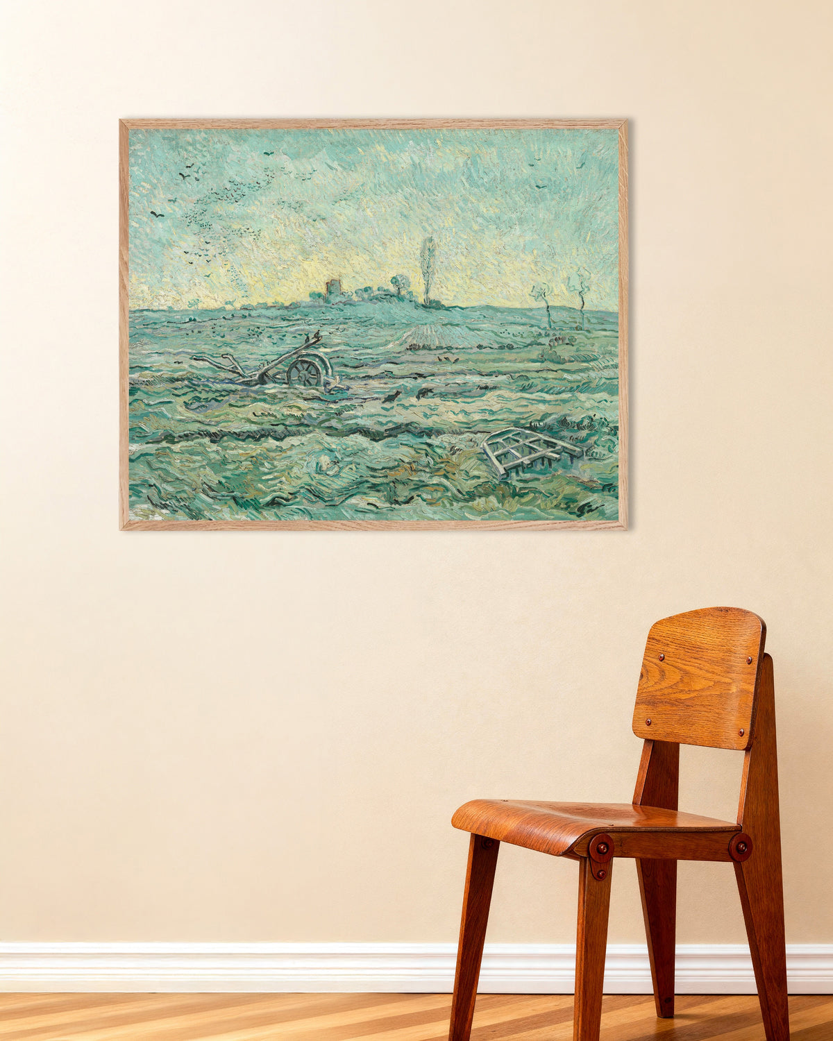 Poster med Snötäckt åker med en harv, efter Millet (1890) av Vincent van Gogh, med ram i naturträ
