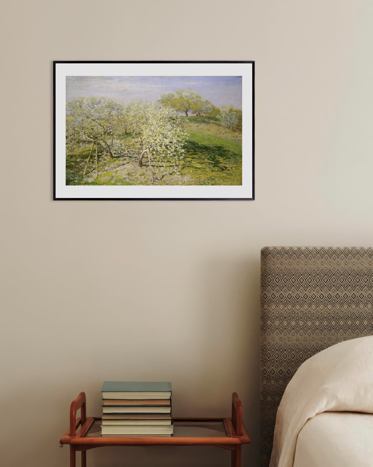 Poster Vår, blommande fruktträd (1873) av Claude Monet med metallram