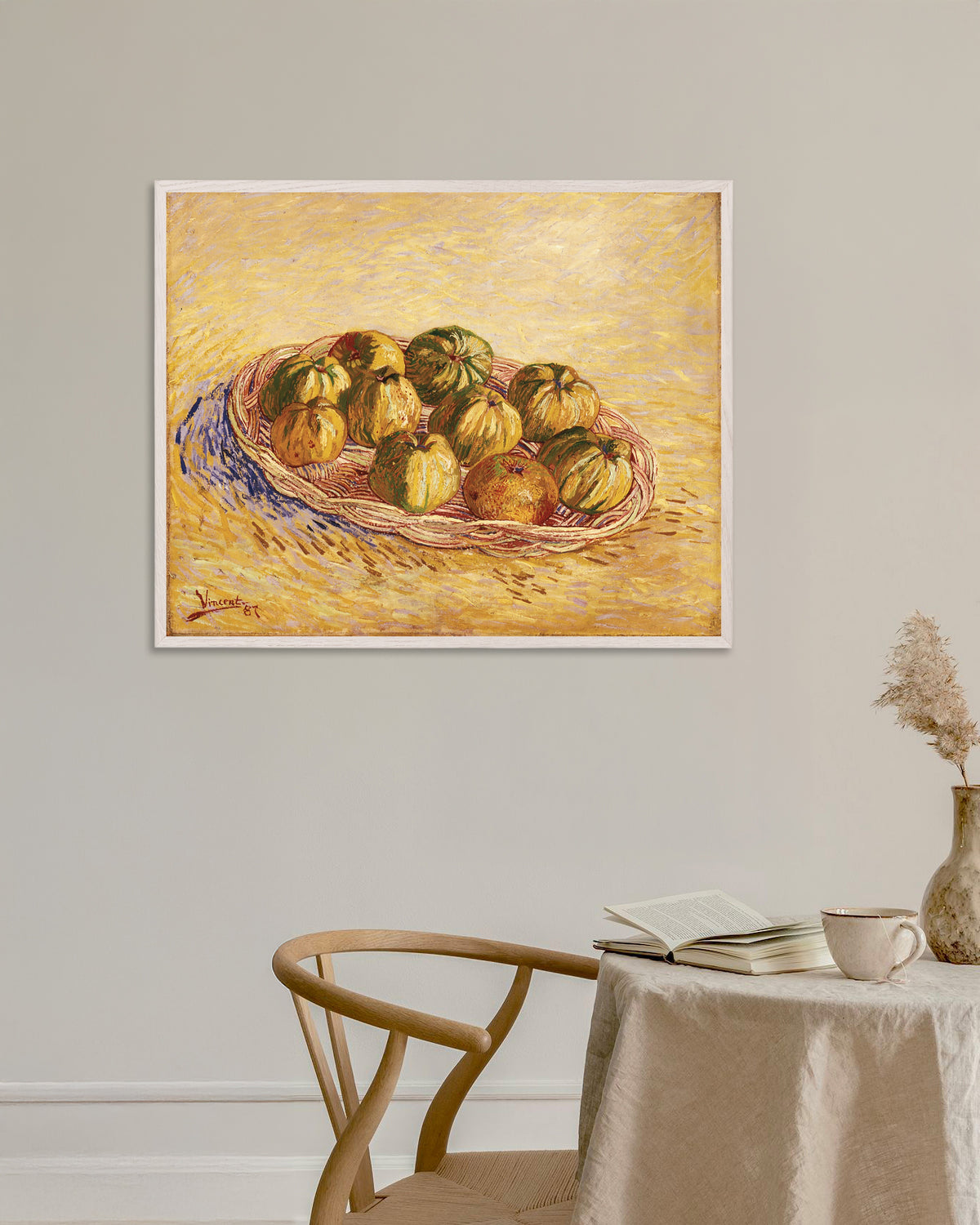 Poster med Stilleben med korg med äpplen (1887) av Vincent van Gogh, med vit träram