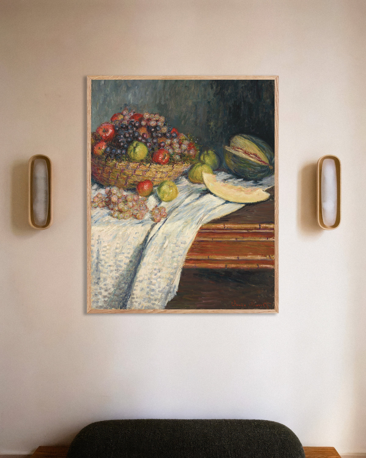 Poster Stilleben med melon (1879) av Claude Monet med ram i naturträ