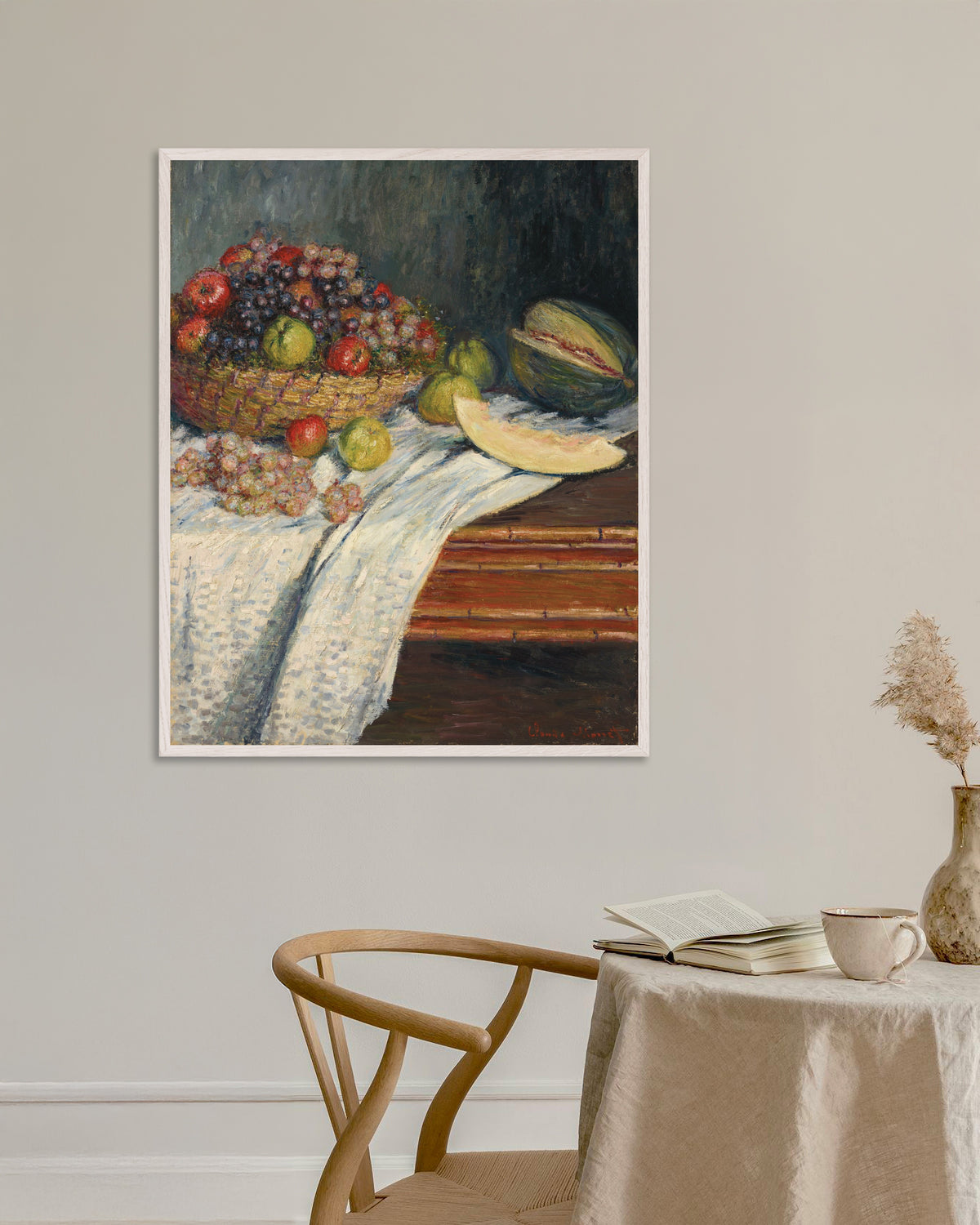 Poster Stilleben med melon (1879) av Claude Monet med vit träram