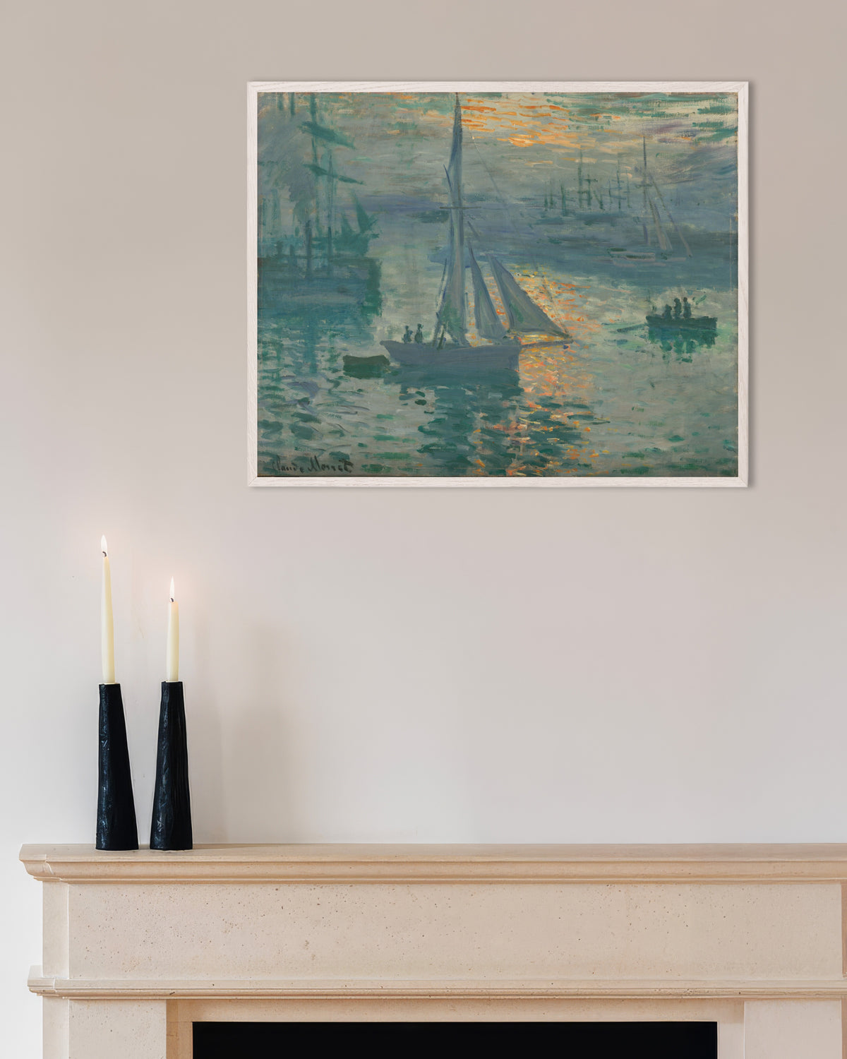 Poster Soluppgång, marin (1873) av Claude Monet med vit träram
