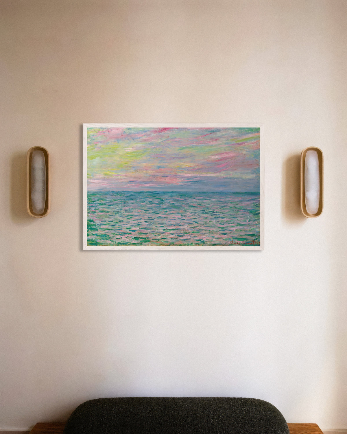 Poster Solnedgång vid Pourville, öppet hav (1882) av Claude Monet med vit träram