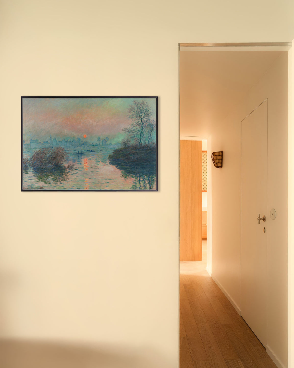 Poster Solnedgång över Seine vid Lavacourt, vinter (1880) av Claude Monet med metallram