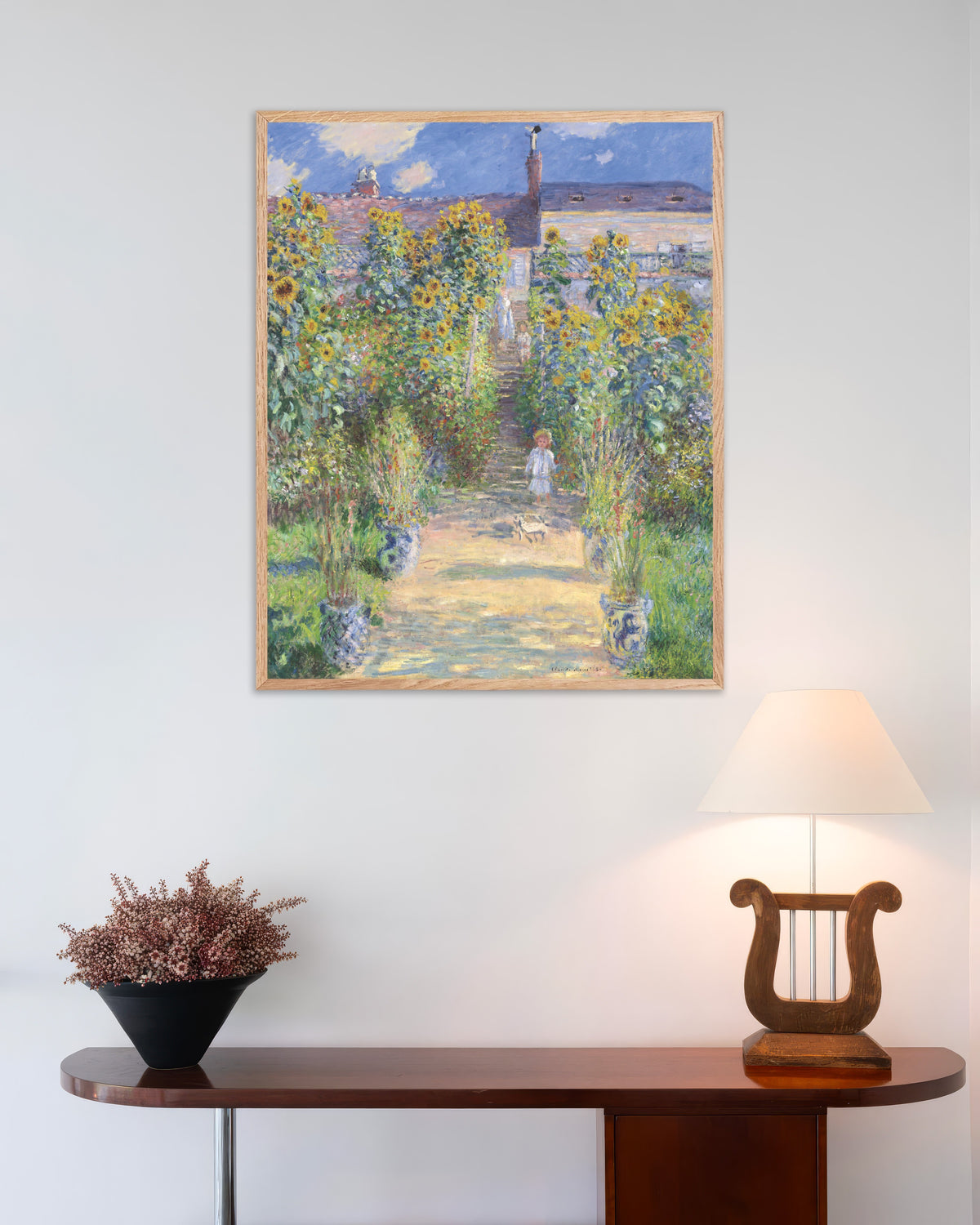 Poster Konstnärens trädgård i Vétheuil (1881) av Claude Monet med ram i naturträ