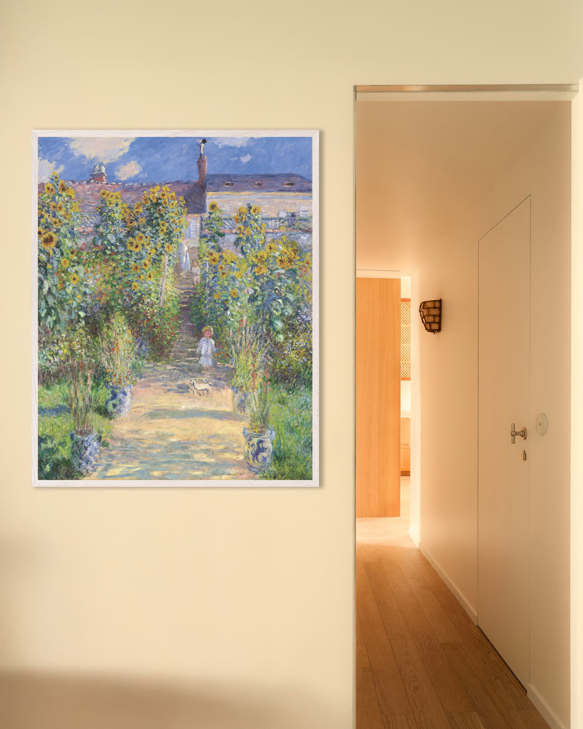 Poster Konstnärens trädgård i Vétheuil (1881) av Claude Monet med vit träram