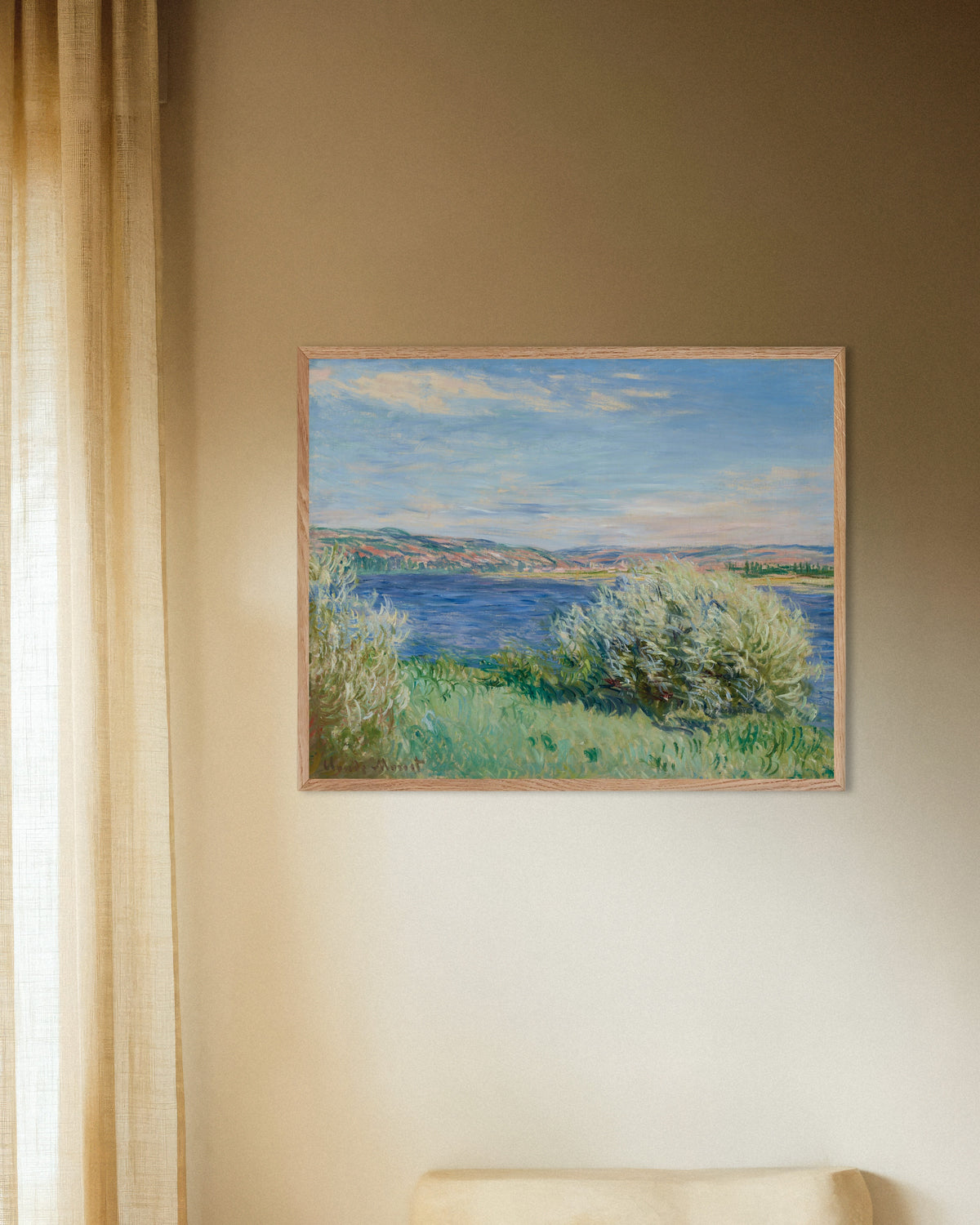 Poster Seines stränder nära Vétheuil (1881) av Claude Monet med ram i naturträ