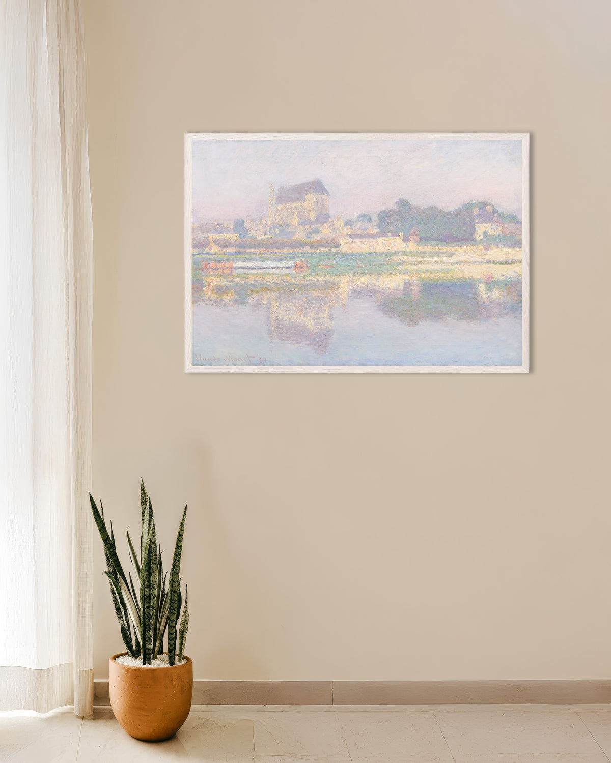 Poster Kyrkan i Vernon, sol (1894) av Claude Monet med vit träram