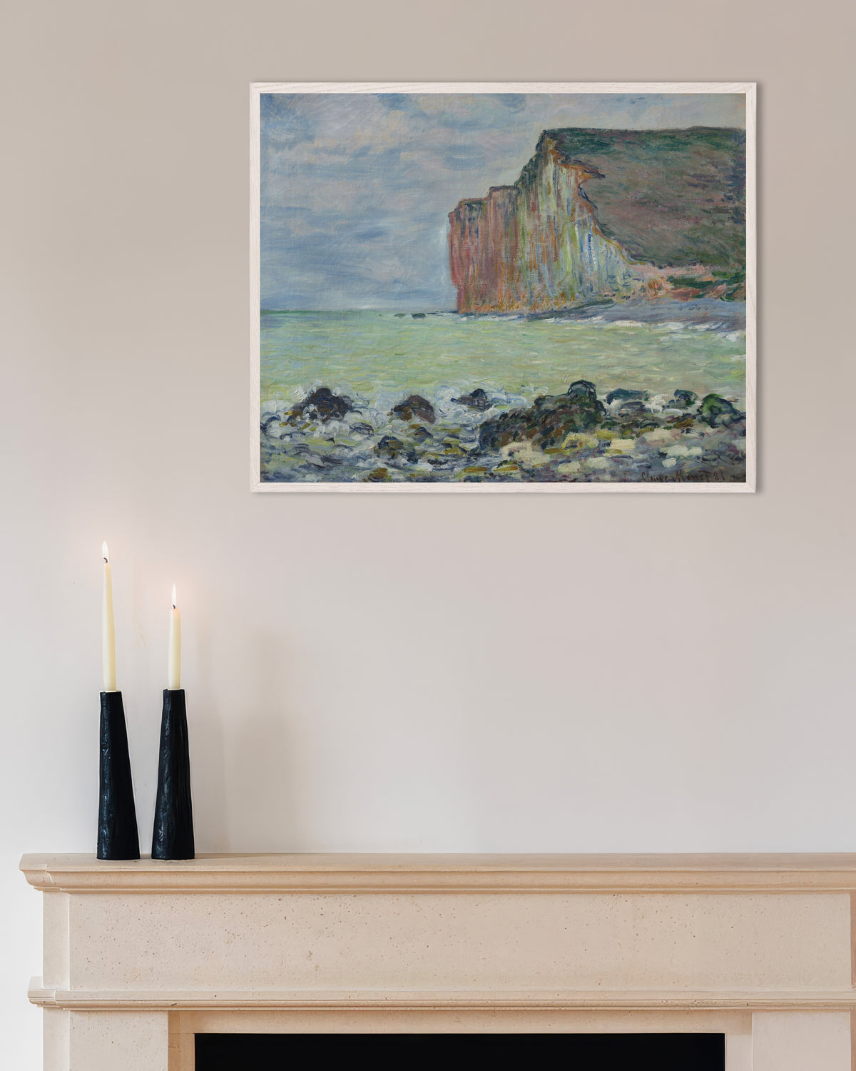 Poster Klippan vid Les Petites-Dalles (1881) av Claude Monet med vit träram