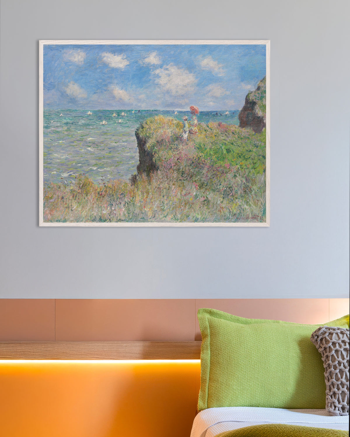 Poster Promenad på klippan vid Pourville (1882) av Claude Monet med vit träram