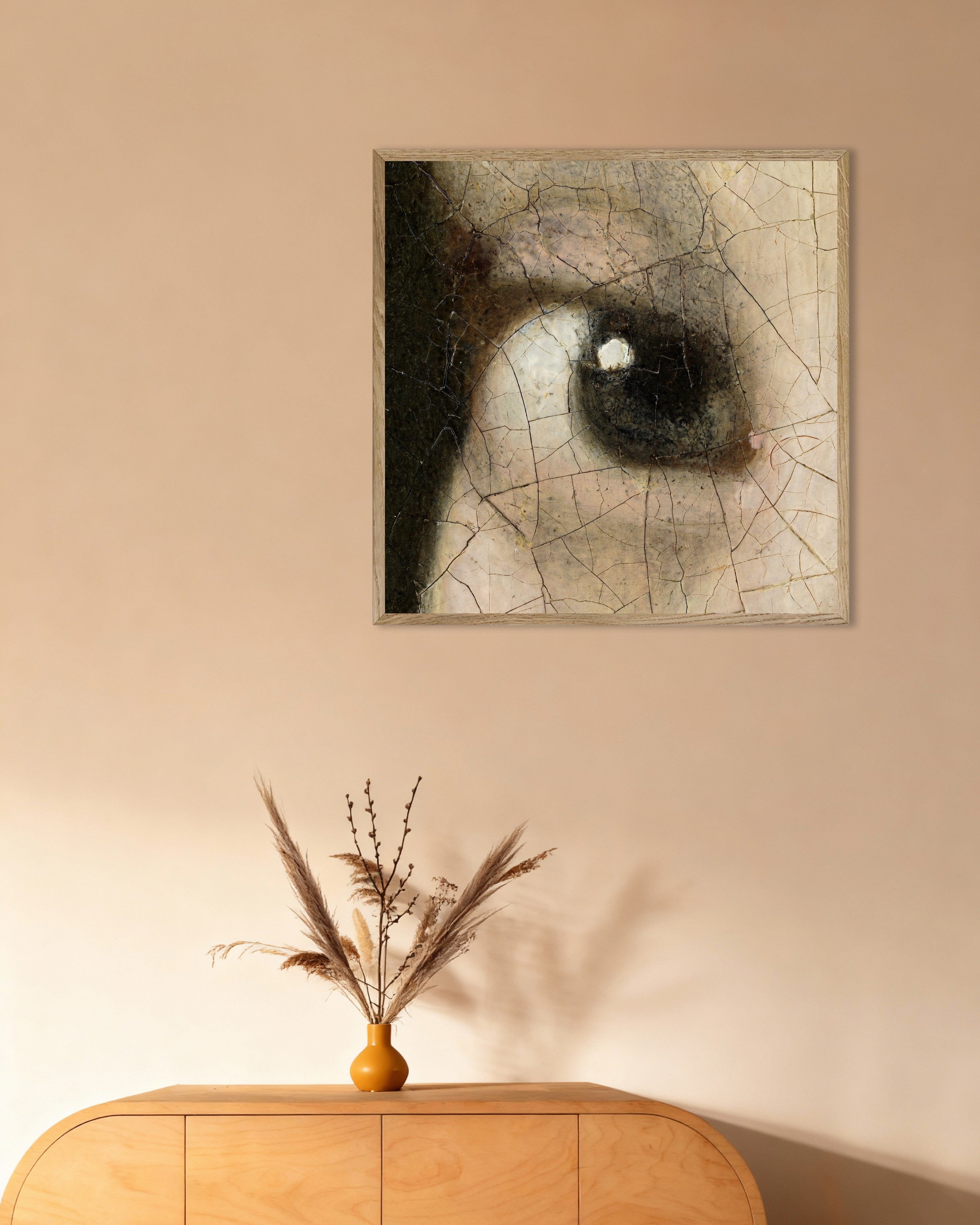 Poster of The Iris - Detail from Vermeer’s Girl with a Pearl Earring, with natural wooden frame