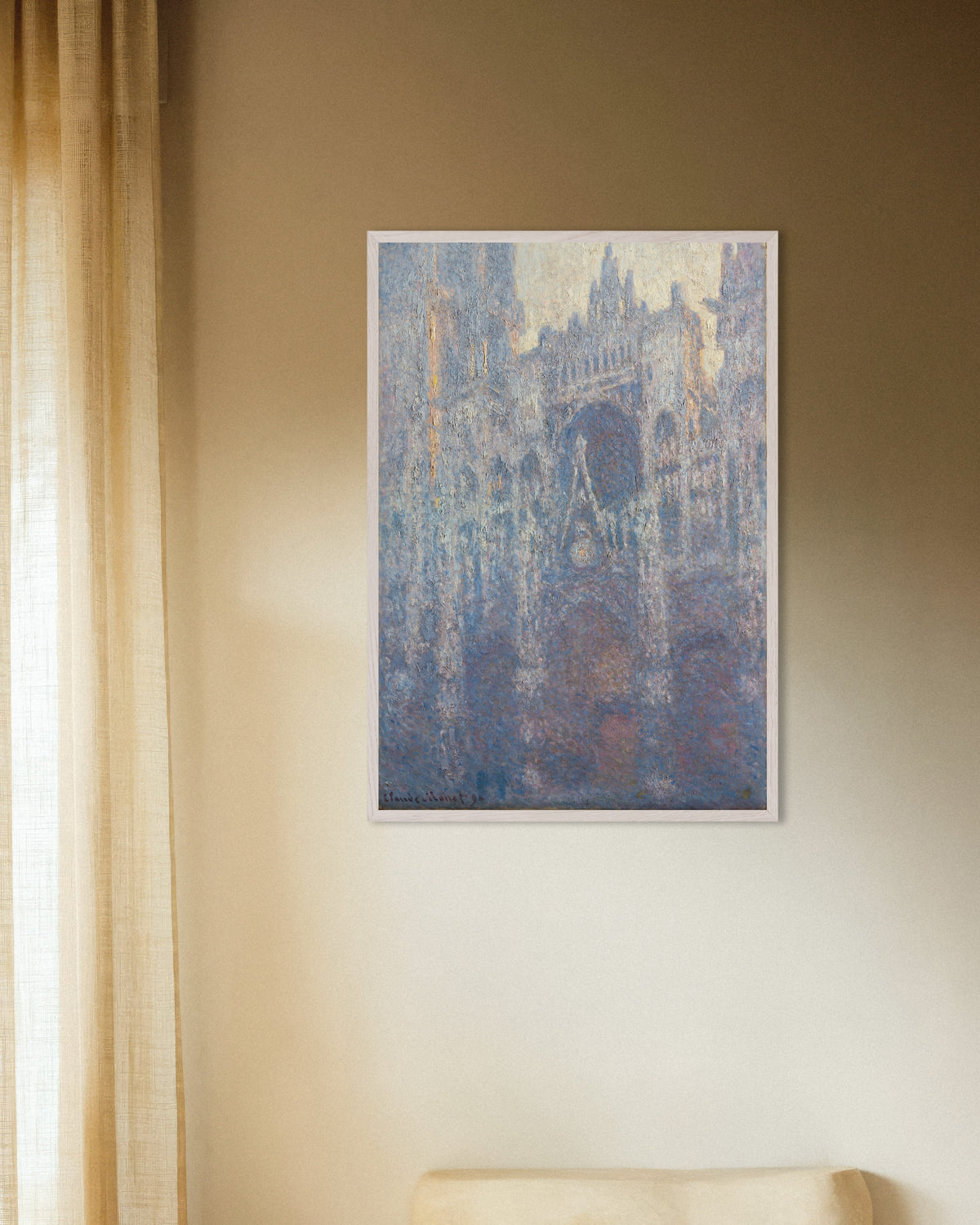 Poster Portalen till katedralen i Rouen i morgonljus (1894) av Claude Monet med vit träram
