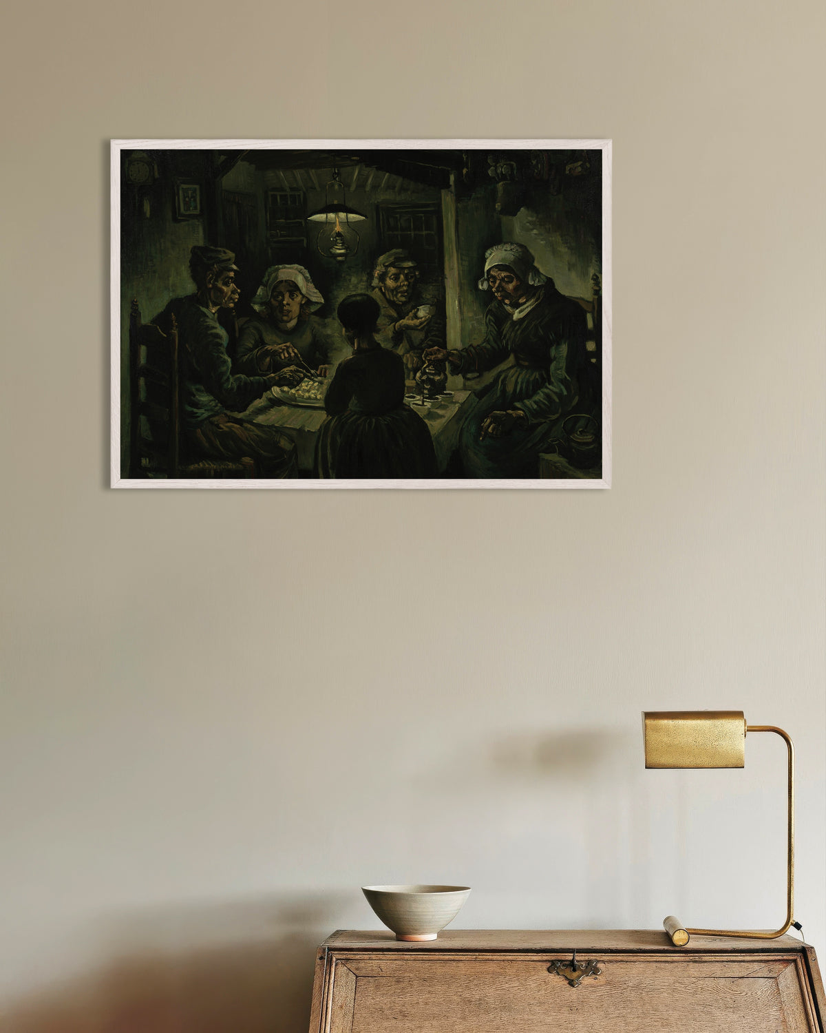 Poster med Potatisätarna (1885) av Vincent van Gogh, med vit träram