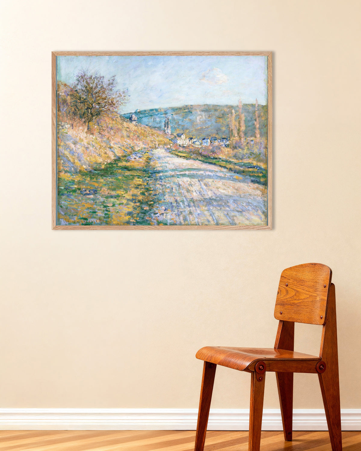 Poster Vägen till Vétheuil (1879) av Claude Monet med ram i naturträ