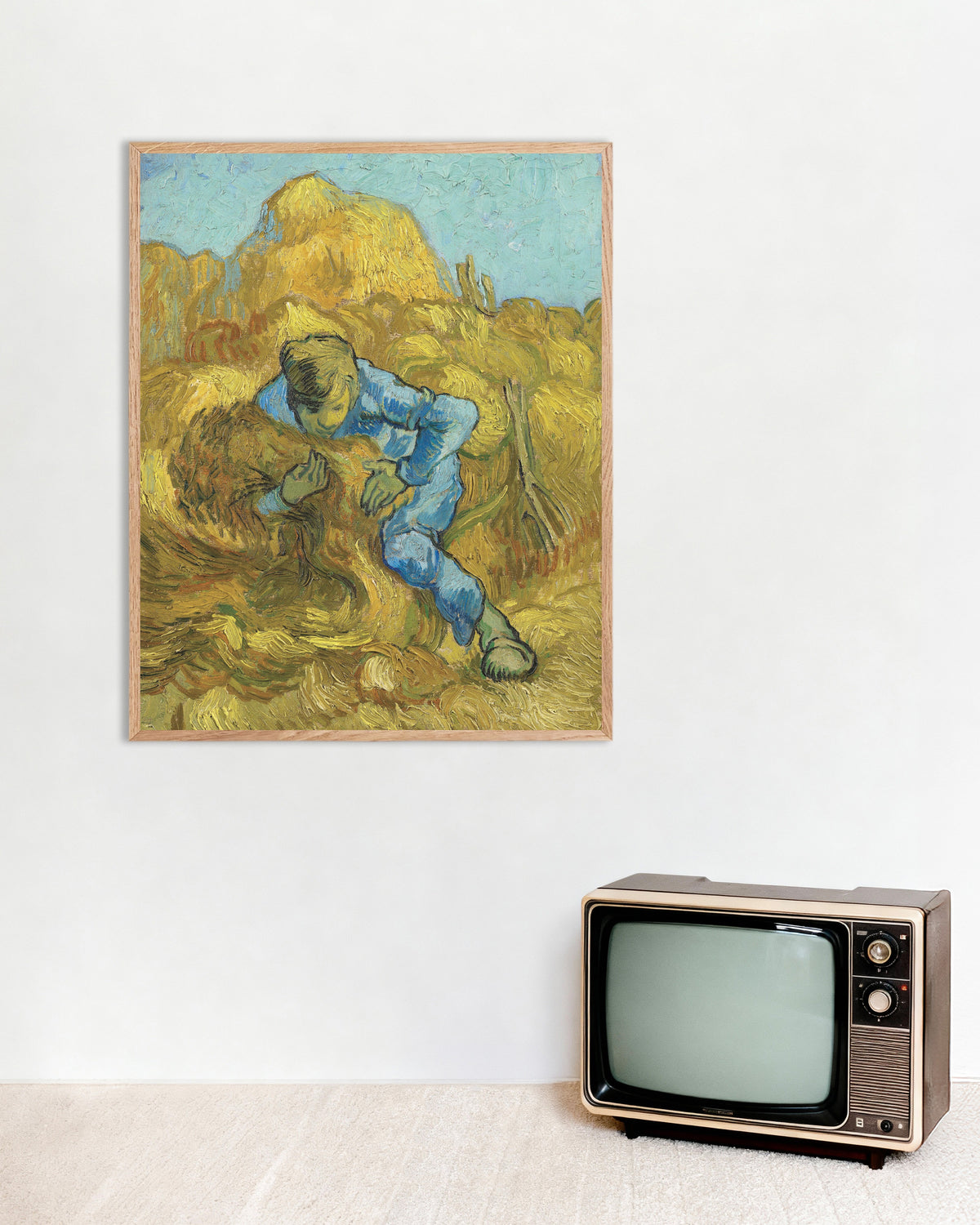 Poster med Buntbindaren, efter Millet (1889) av Vincent van Gogh, med träram i naturfärg