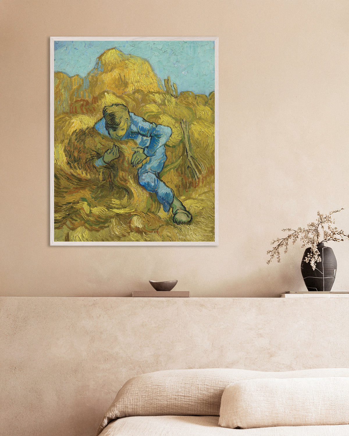 Poster med Buntbindaren, efter Millet (1889) av Vincent van Gogh, med vit träram