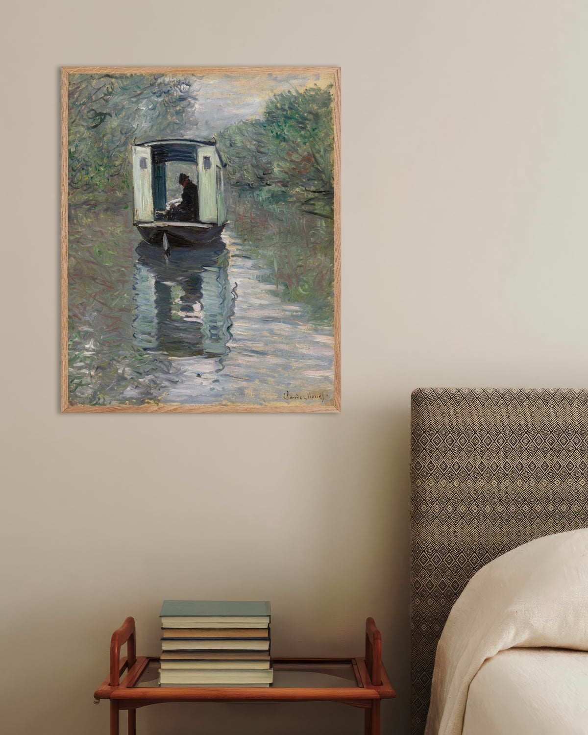 Poster Ateljébåten (1876) av Claude Monet med ram i naturträ