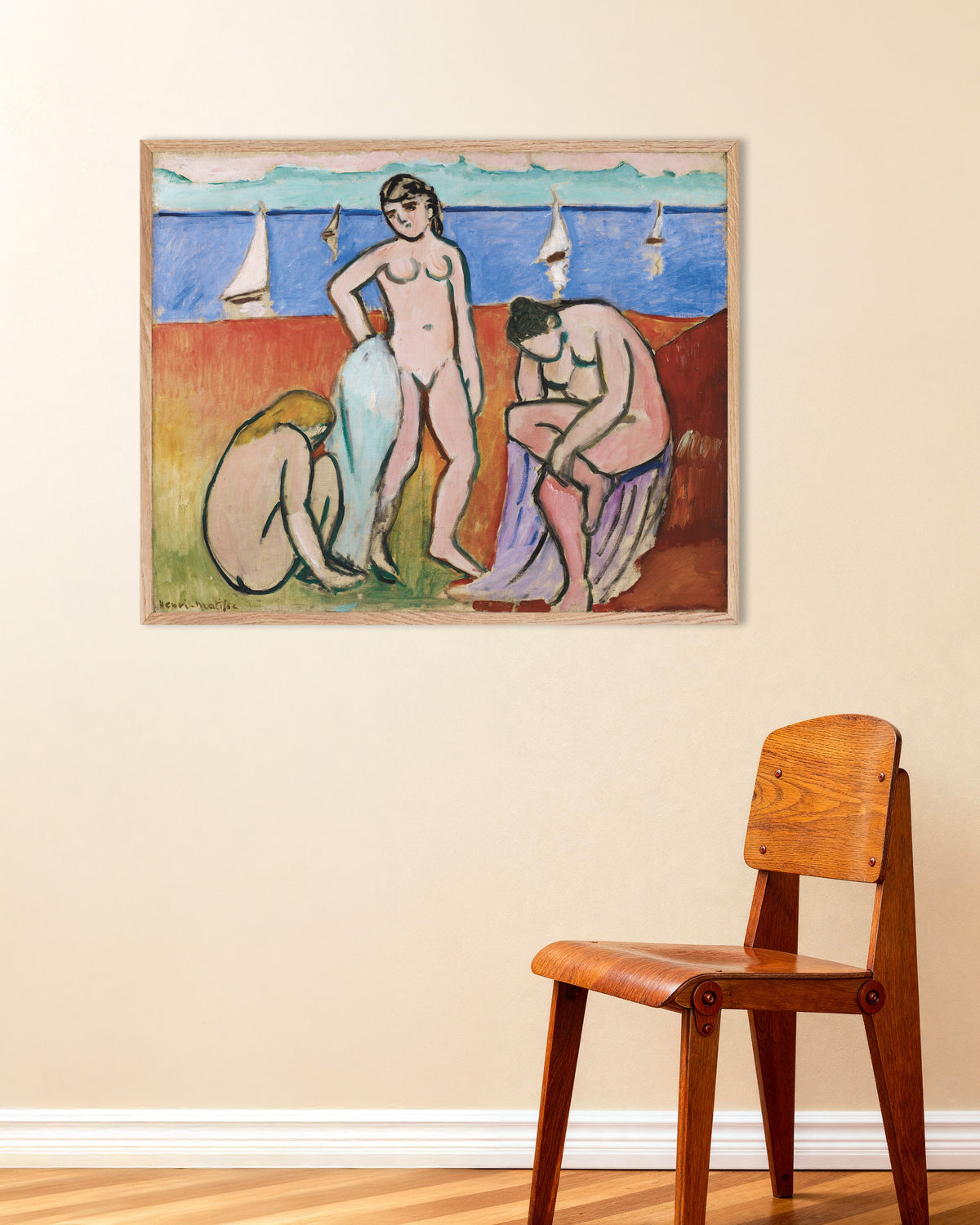 Poster av Tre badande (1907) av Henri Matisse, med ram av naturträ