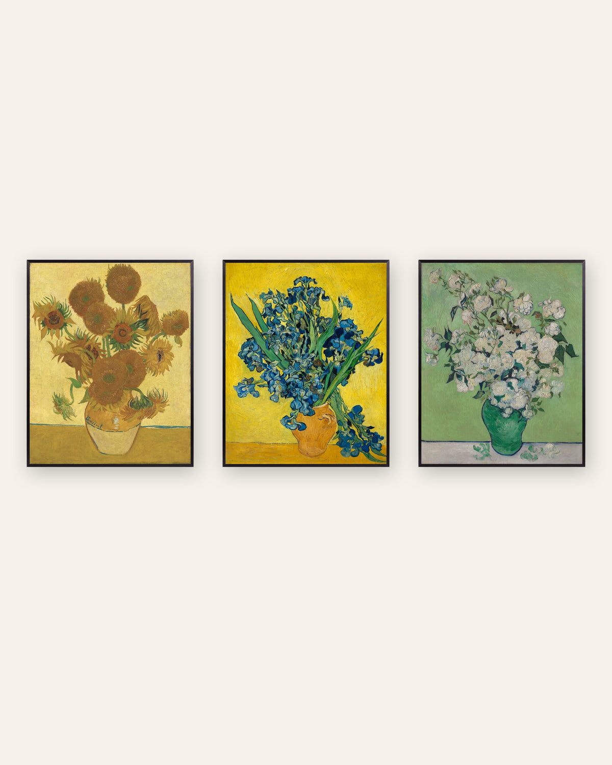 Van Gogh-posters med blommor, set med 3: Solrosor, Irisar och Rosor, i svarta metallramar